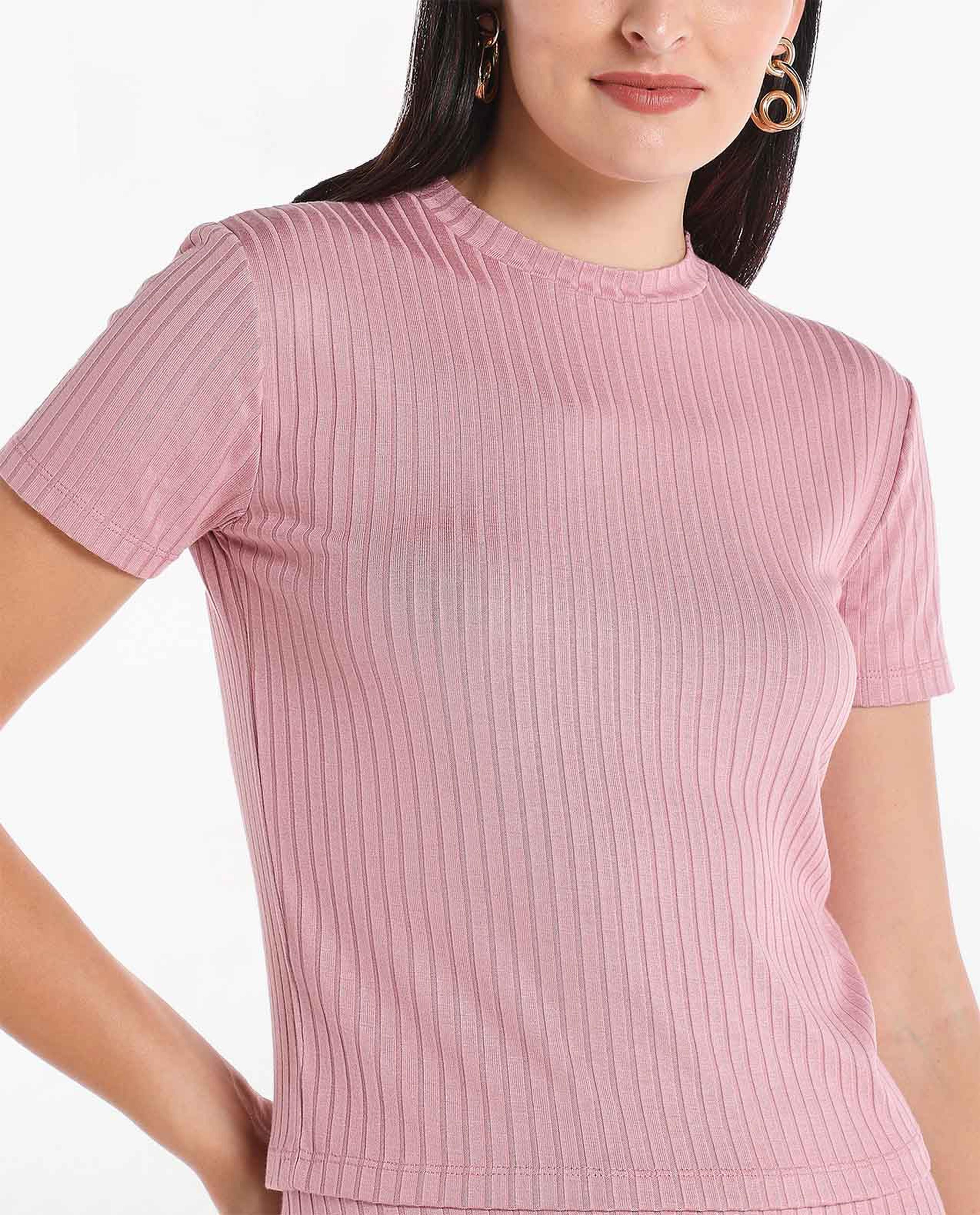 Solid Ribbed Top with High Neck and Short Sleeve