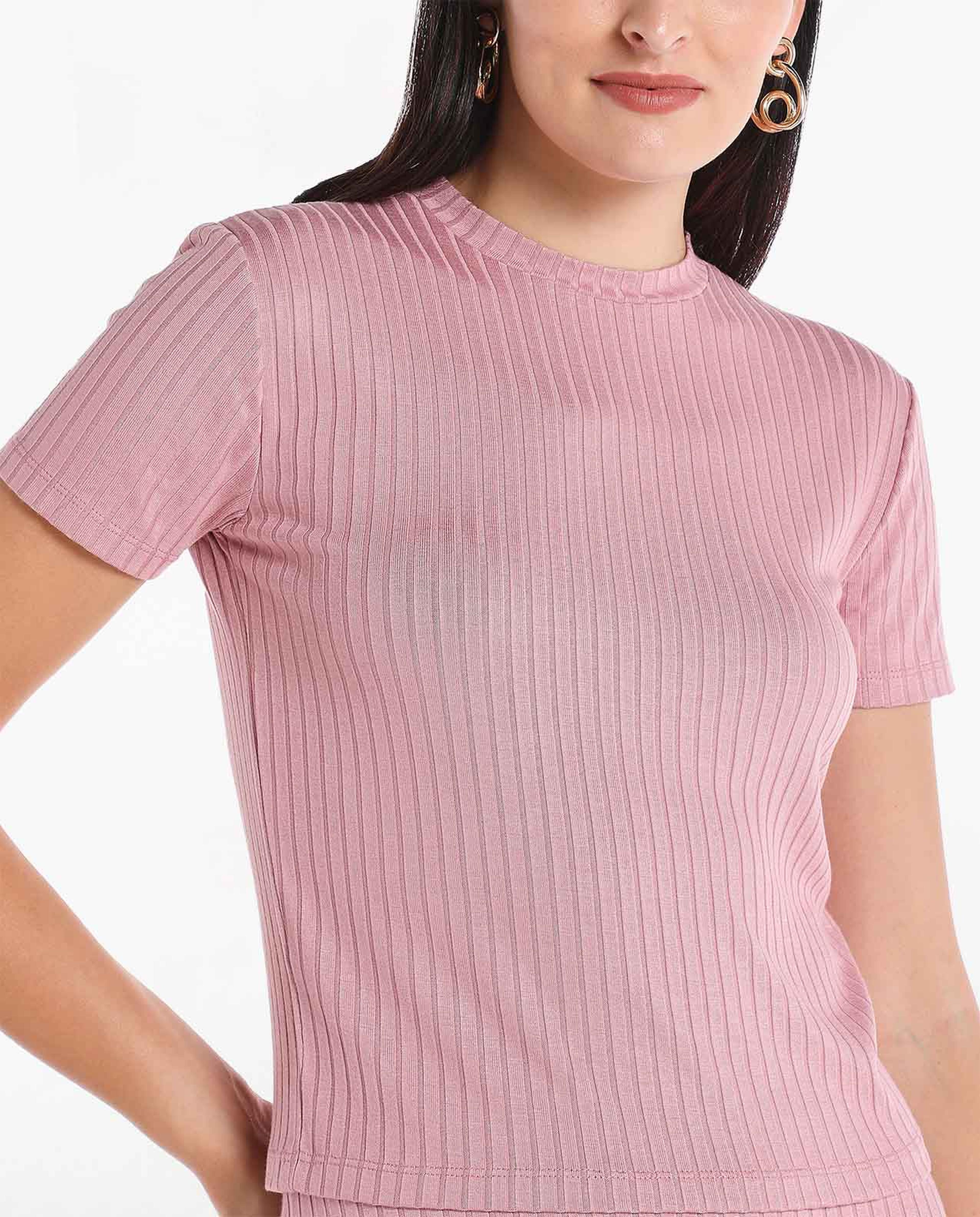 Solid Ribbed Top with High Neck and Short Sleeve