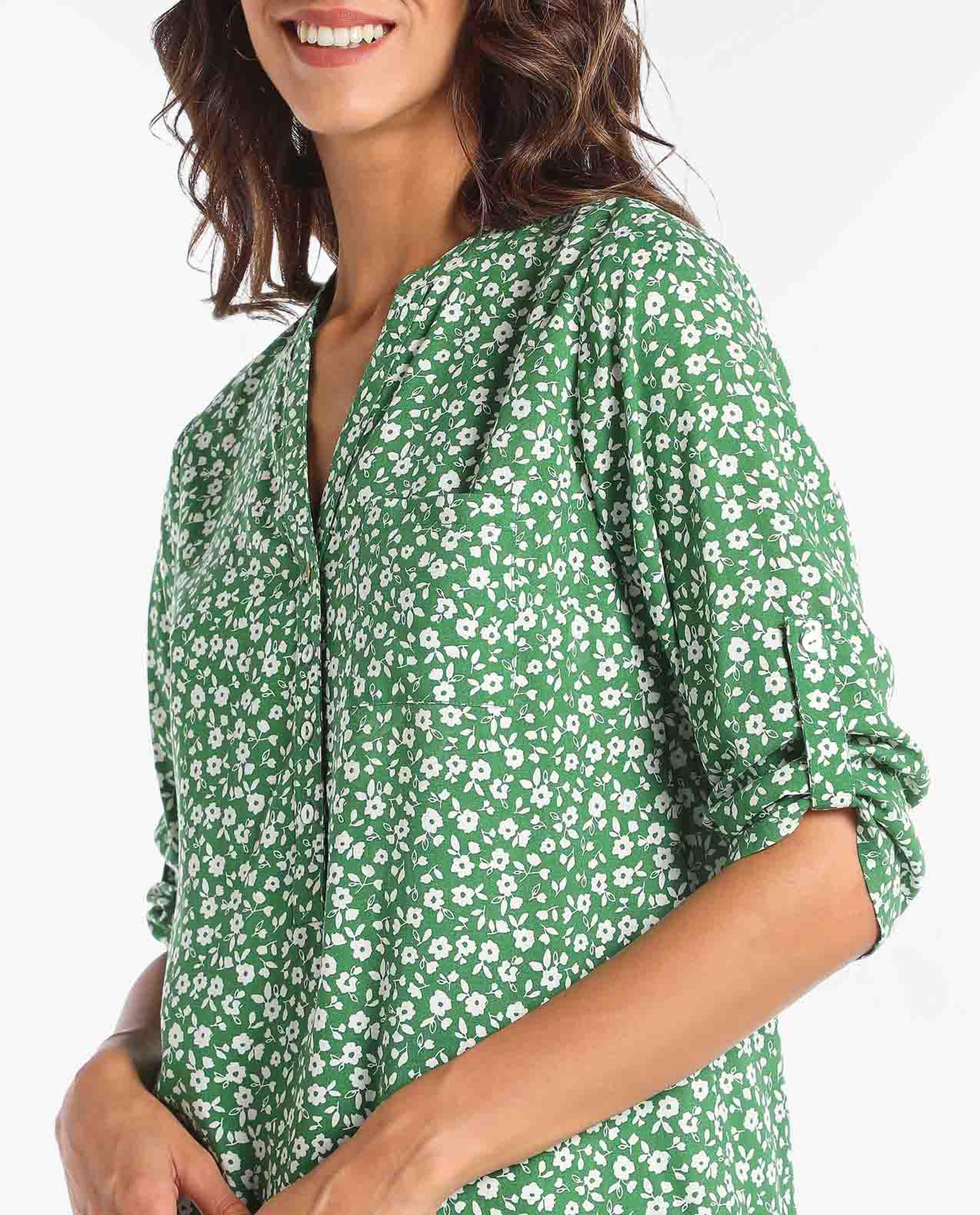 Printed Casual Tunic with Slit Neck and Roll-Up Sleeve