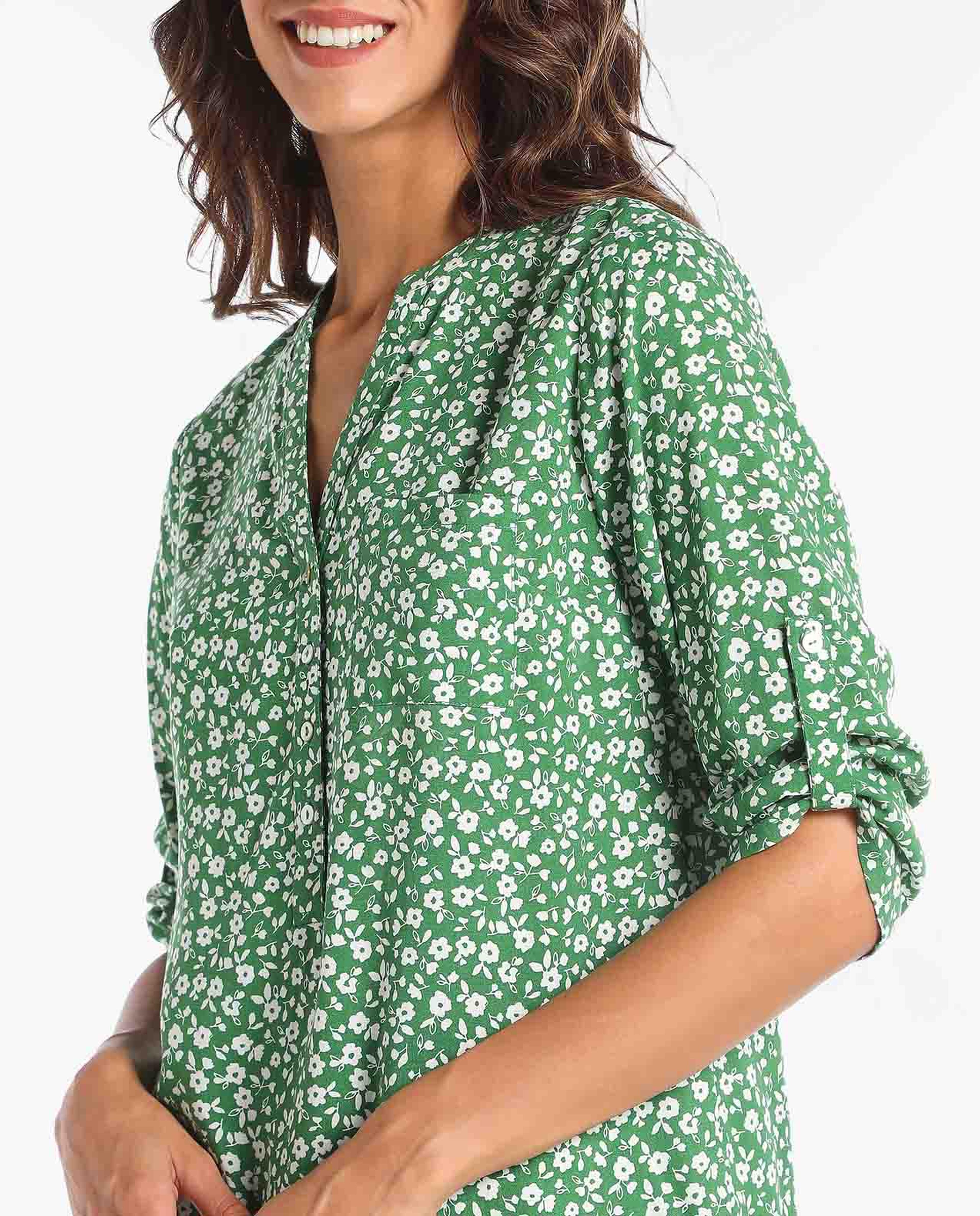 Printed Casual Tunic with Slit Neck and Roll-Up Sleeve