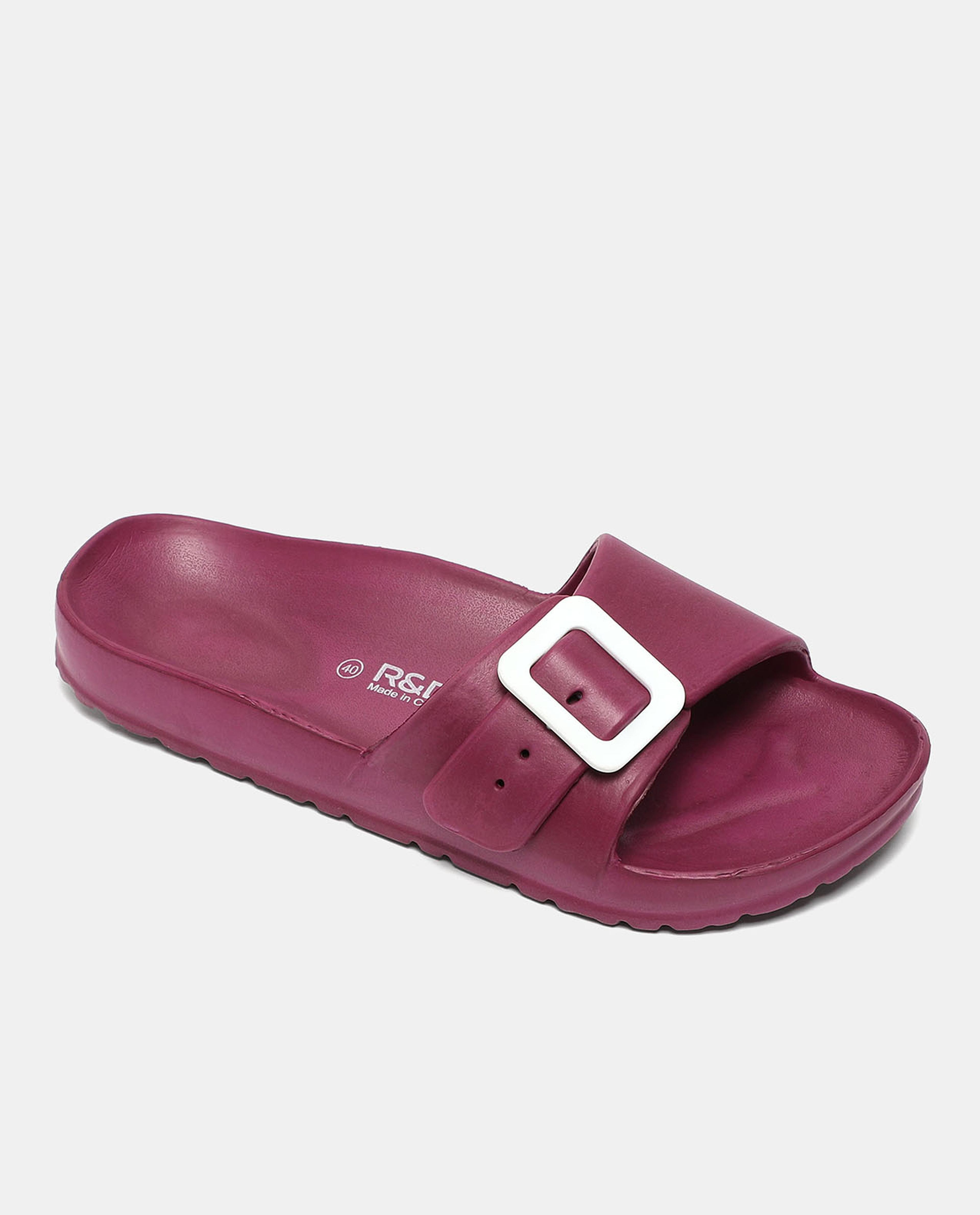 Solid Open Toe Flat Slides with Buckle Accent