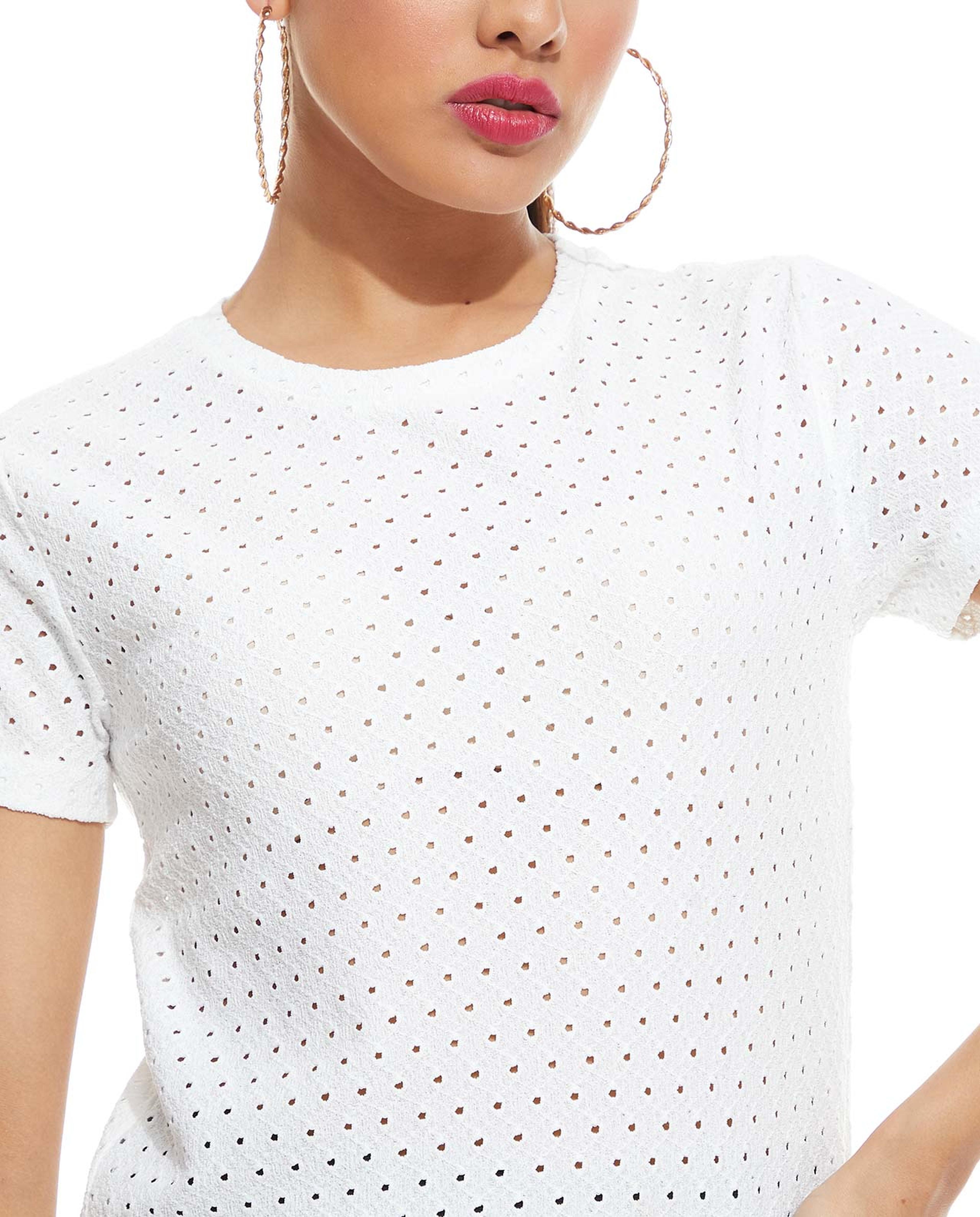 Laser-Cut Top with Crew Neck and Short Sleeves