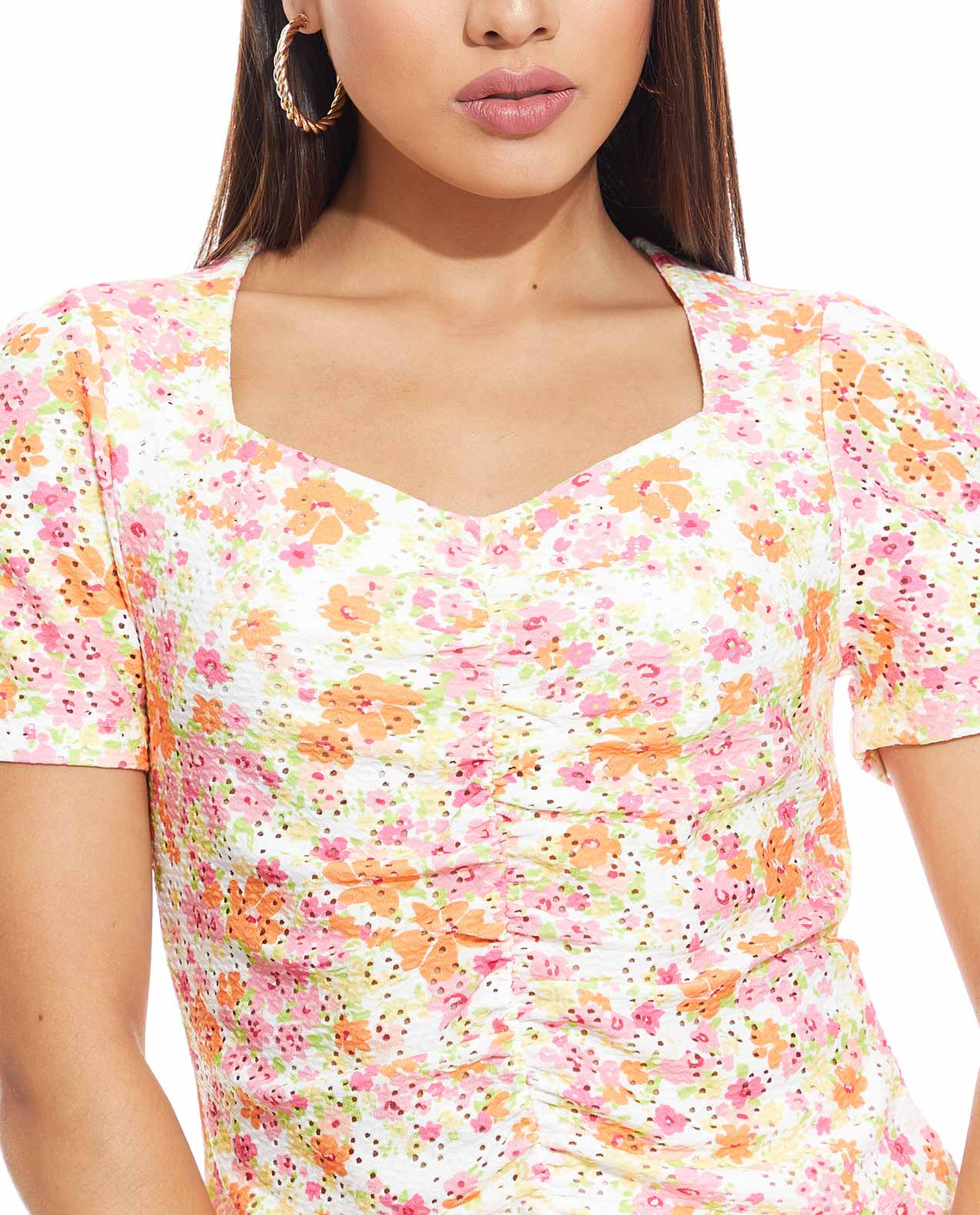 Printed Top with Sweetheart Neck and Short Sleeves