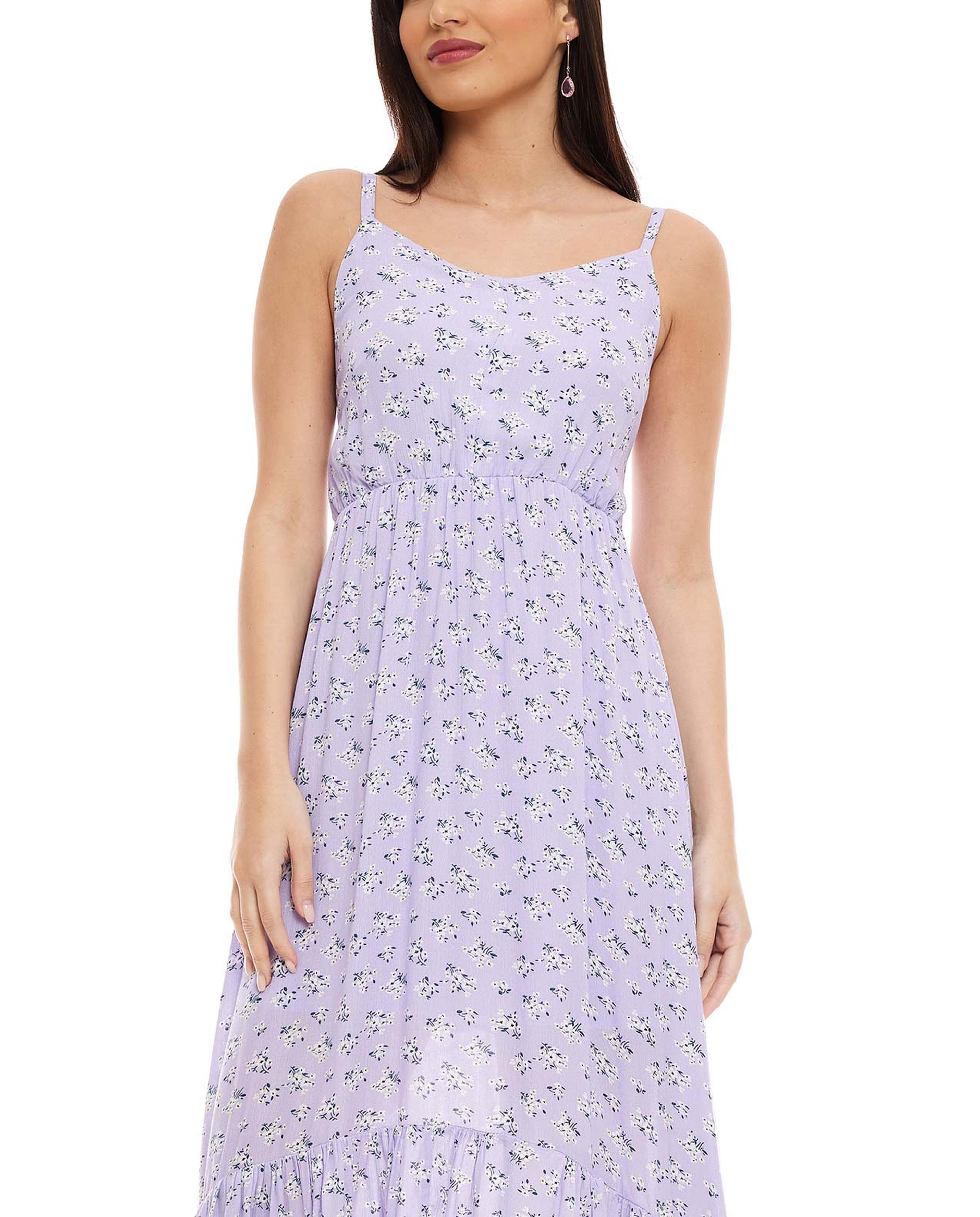 Floral Printed Low-High Dress with Shoulder Straps