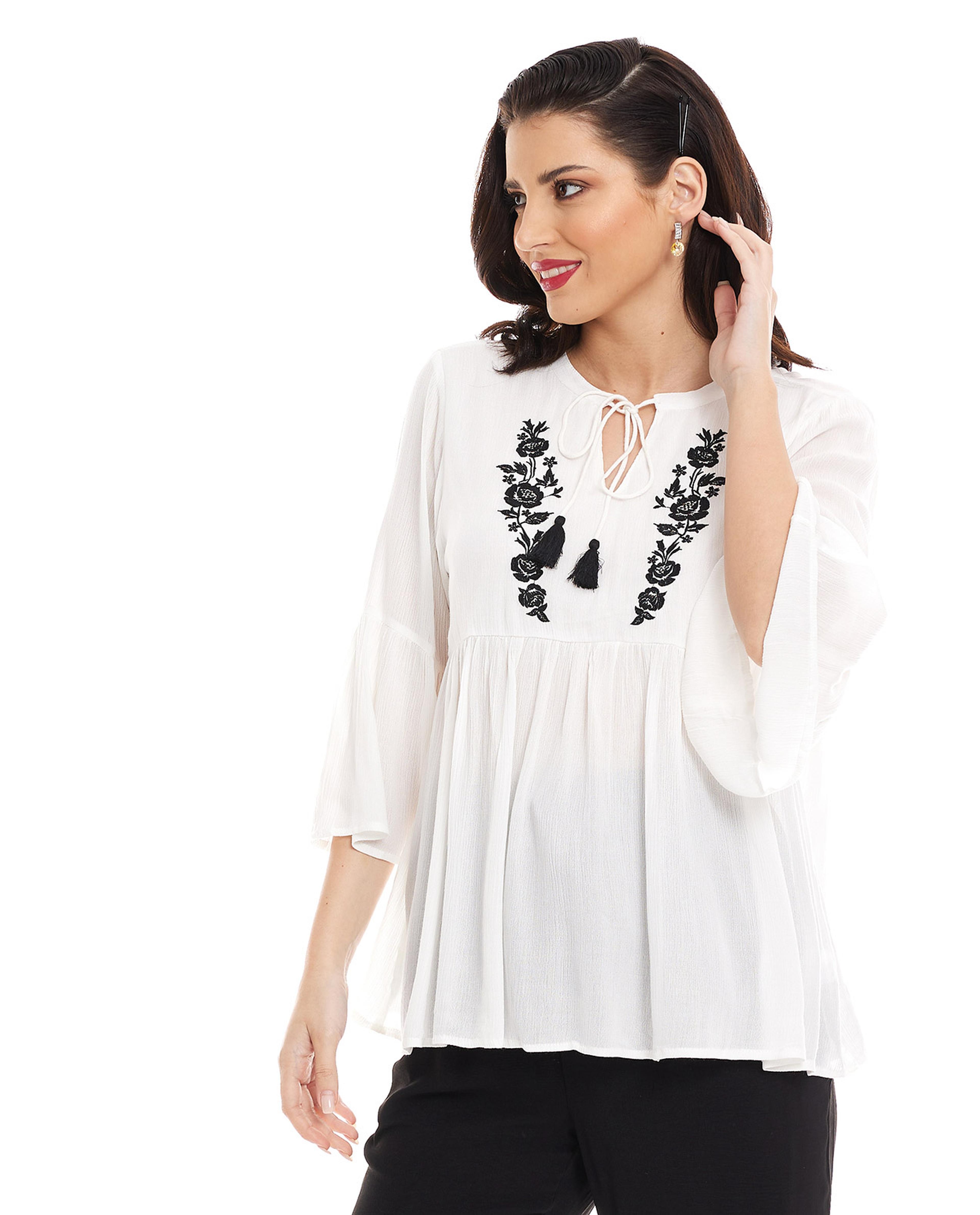 Embroidered Top with Tie-Up Neck and Flounce Sleeves