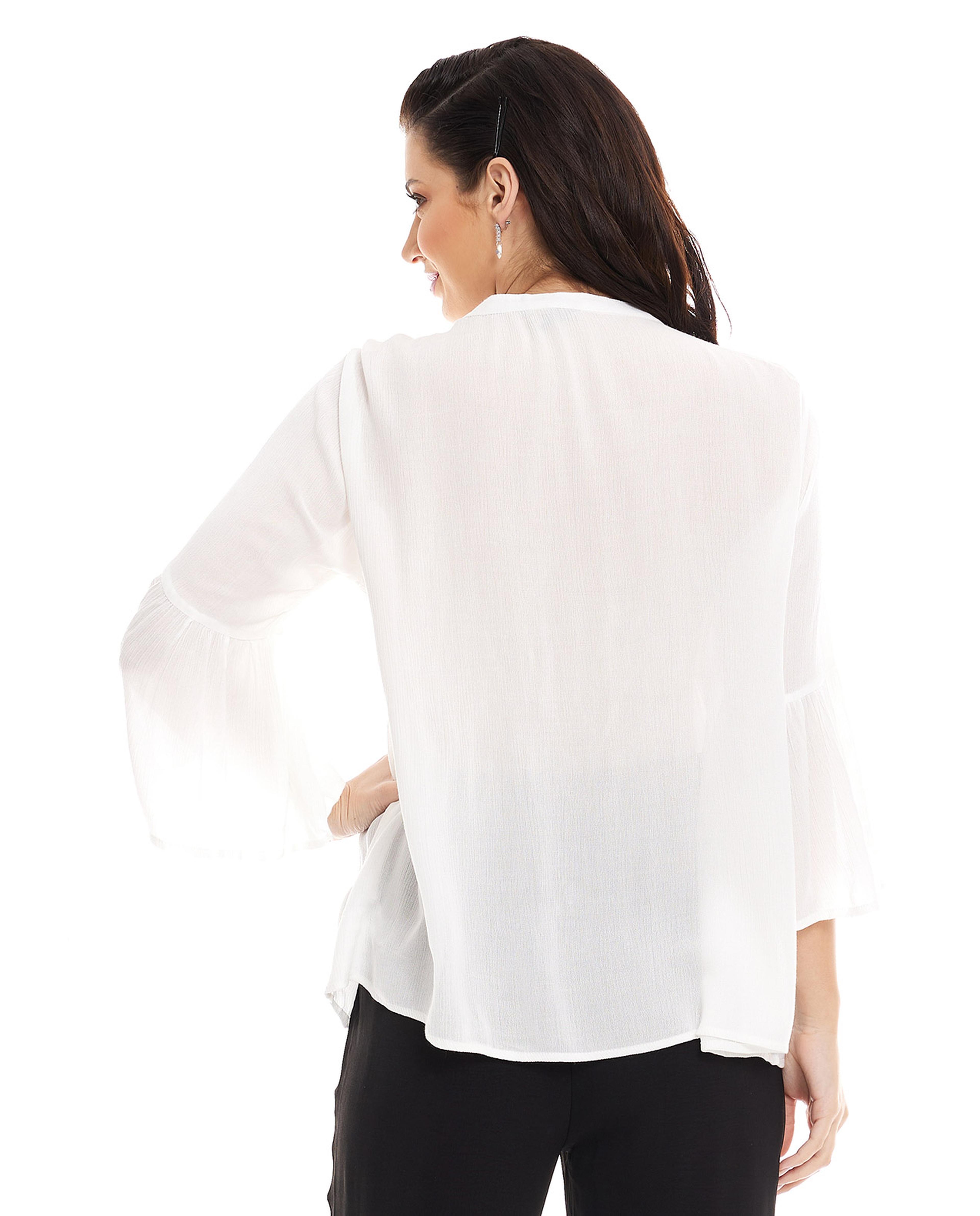 Embroidered Top with Tie-Up Neck and Flounce Sleeves