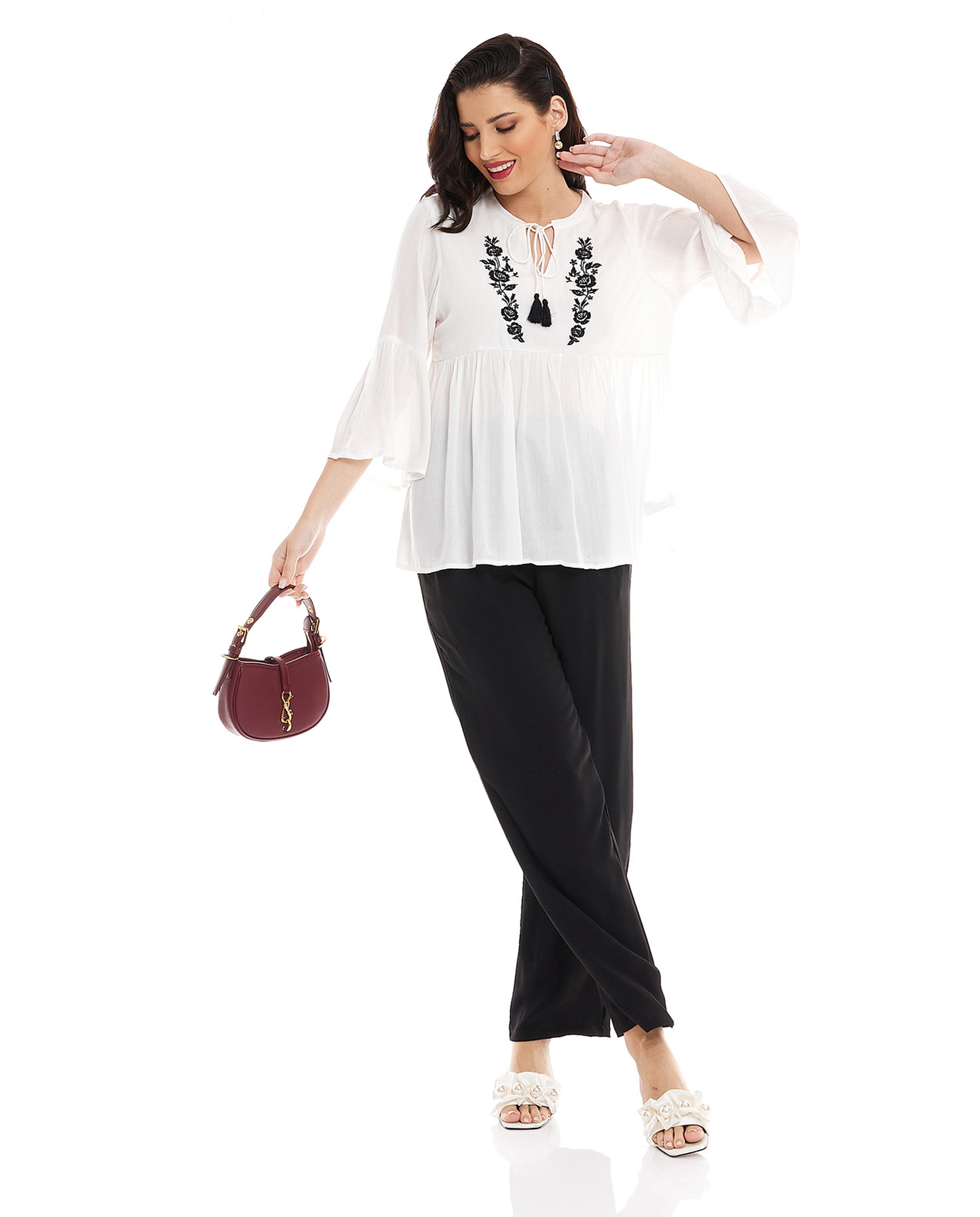 Embroidered Top with Tie-Up Neck and Flounce Sleeves