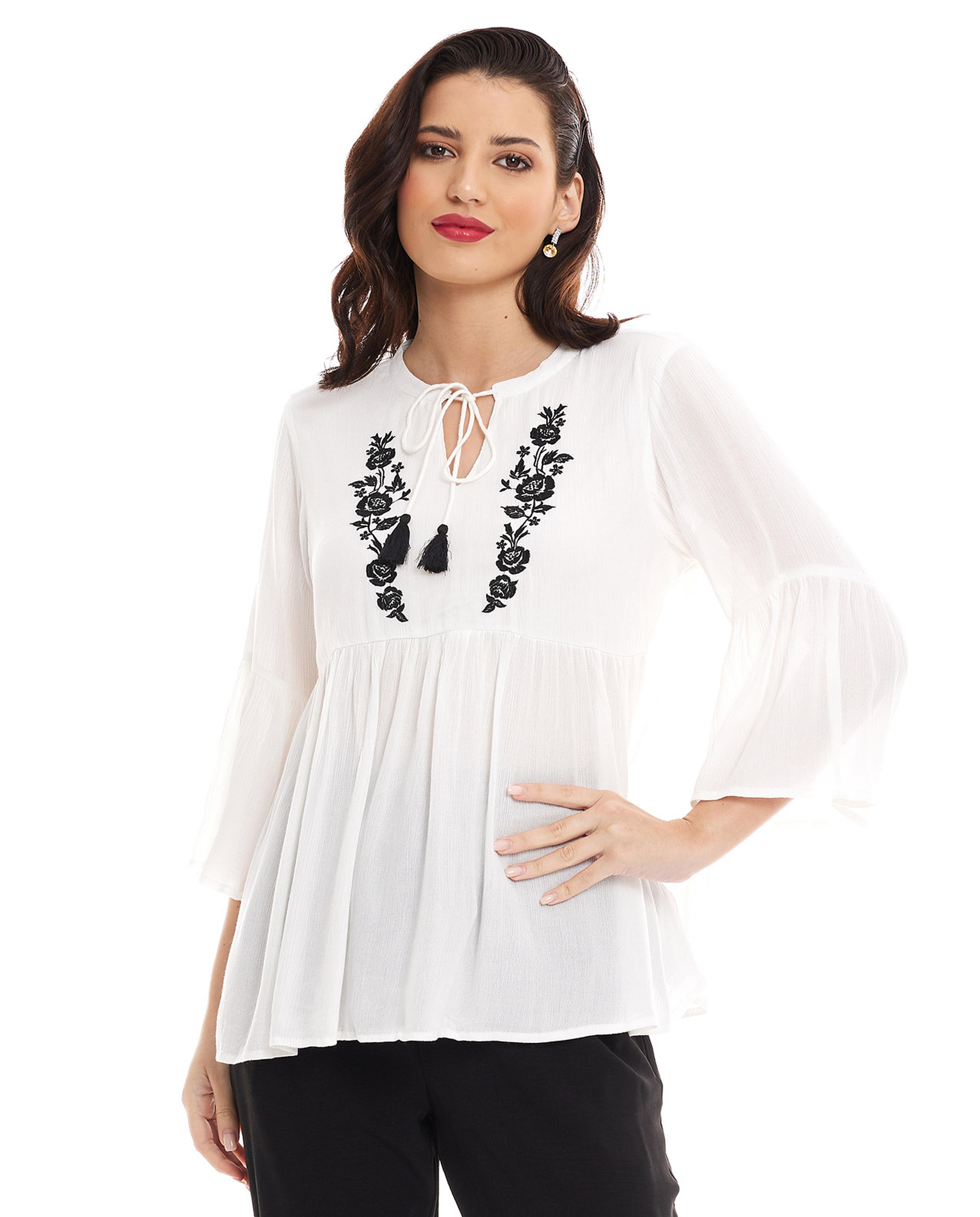 Embroidered Top with Tie-Up Neck and Flounce Sleeves