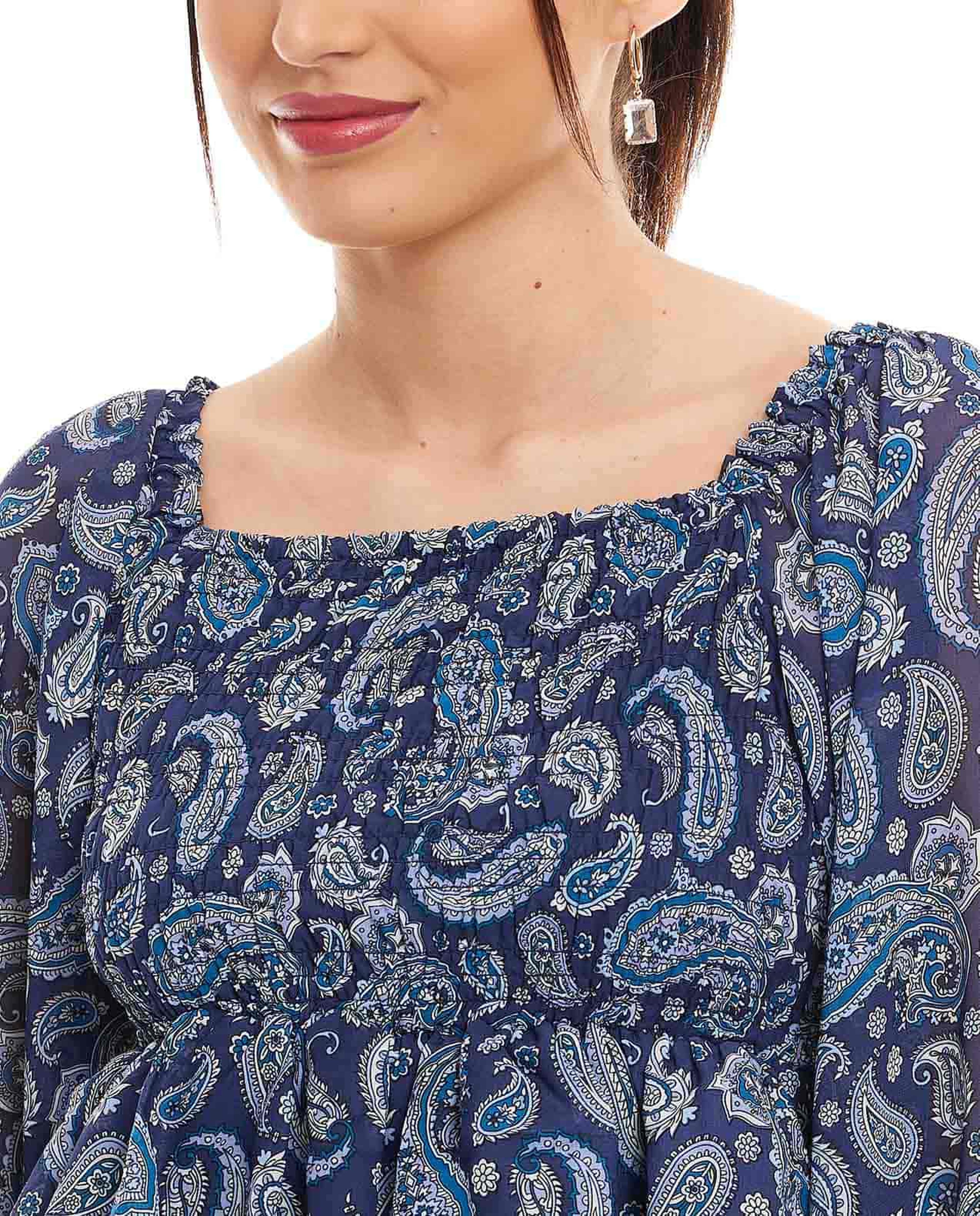 Floral Printed Top with Square Neck and Bishop Sleeves