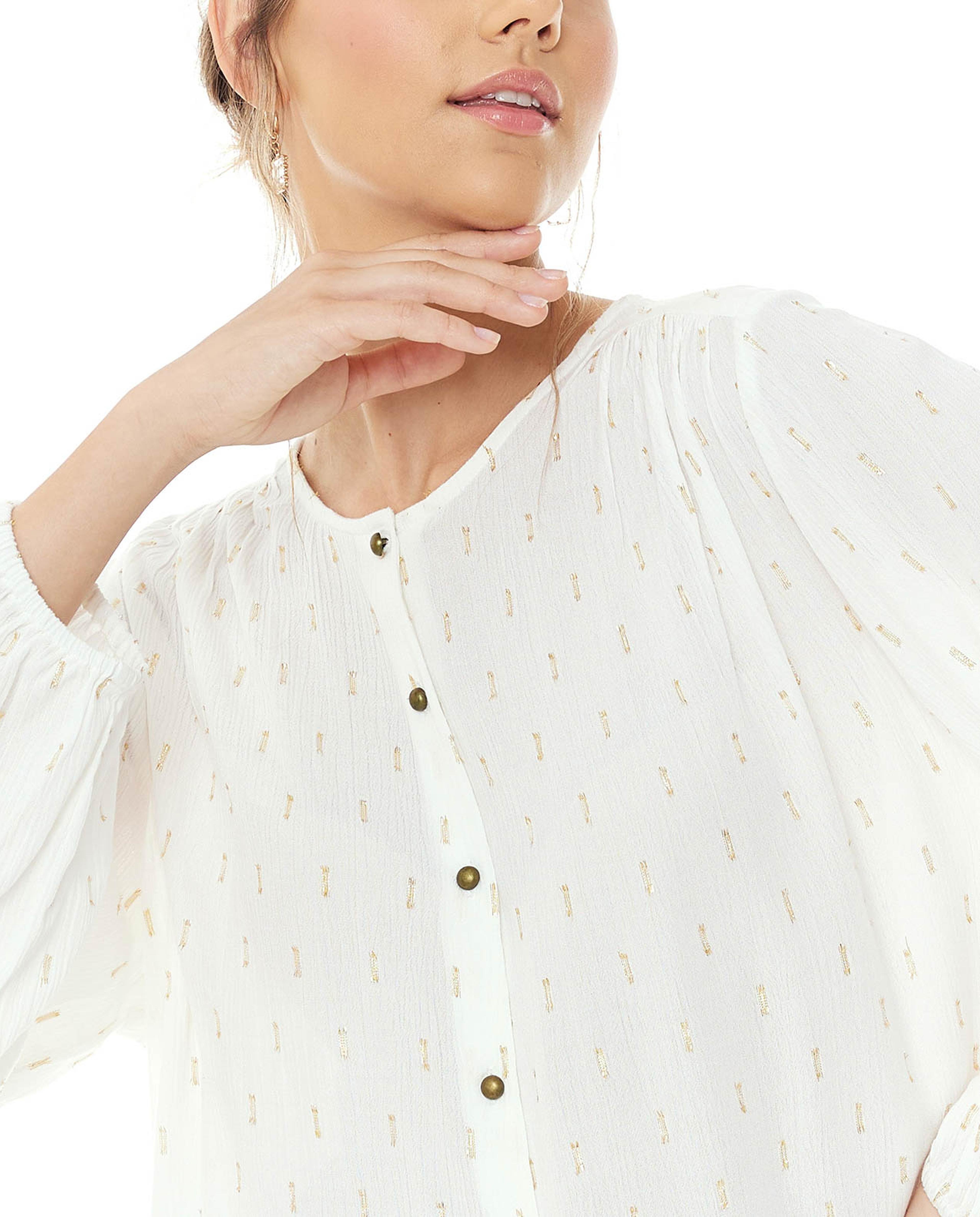 Woven Top with Round Neck and Long Sleeves