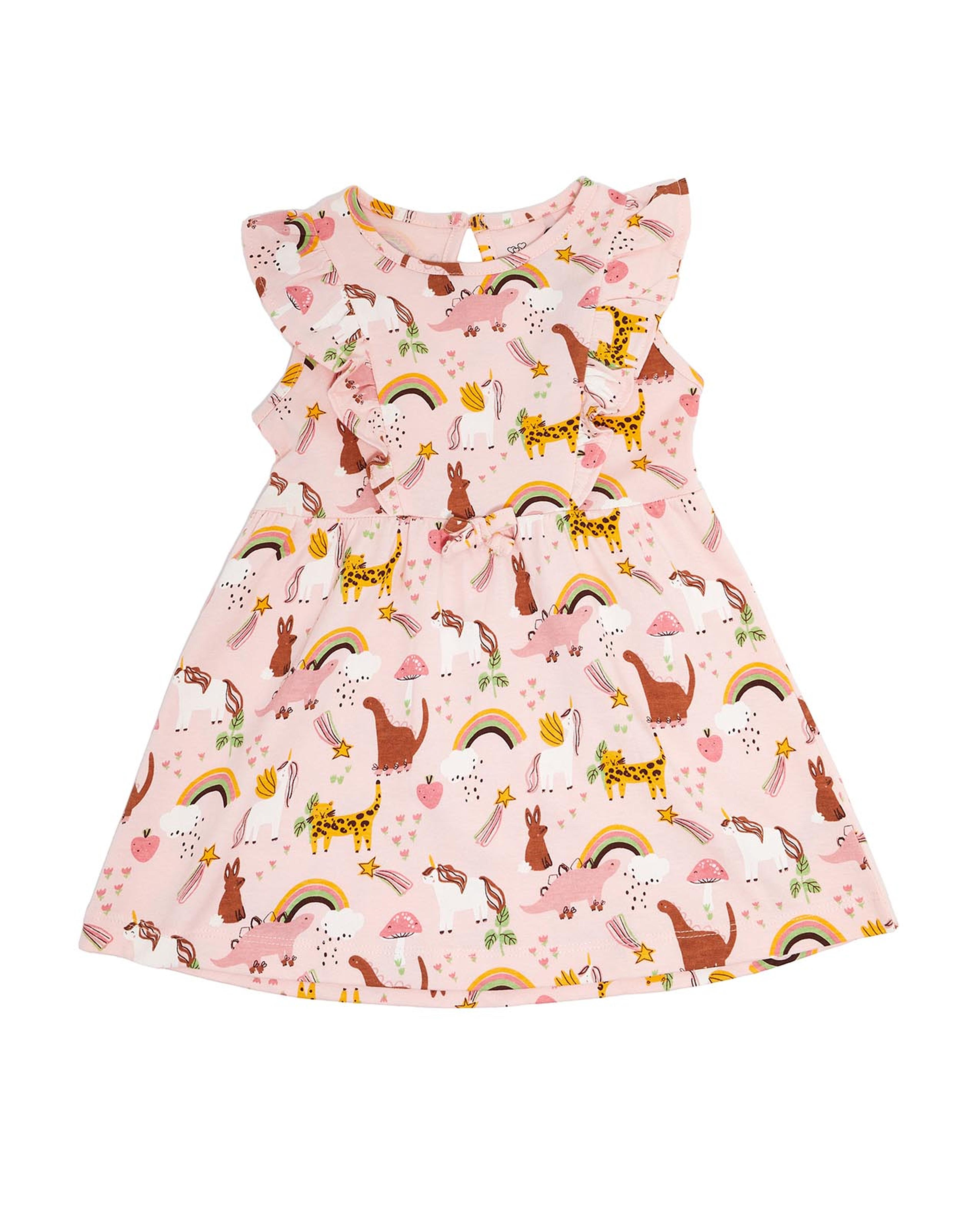 All Over Print Fit and Flare Dress with Ruffle Sleeves
