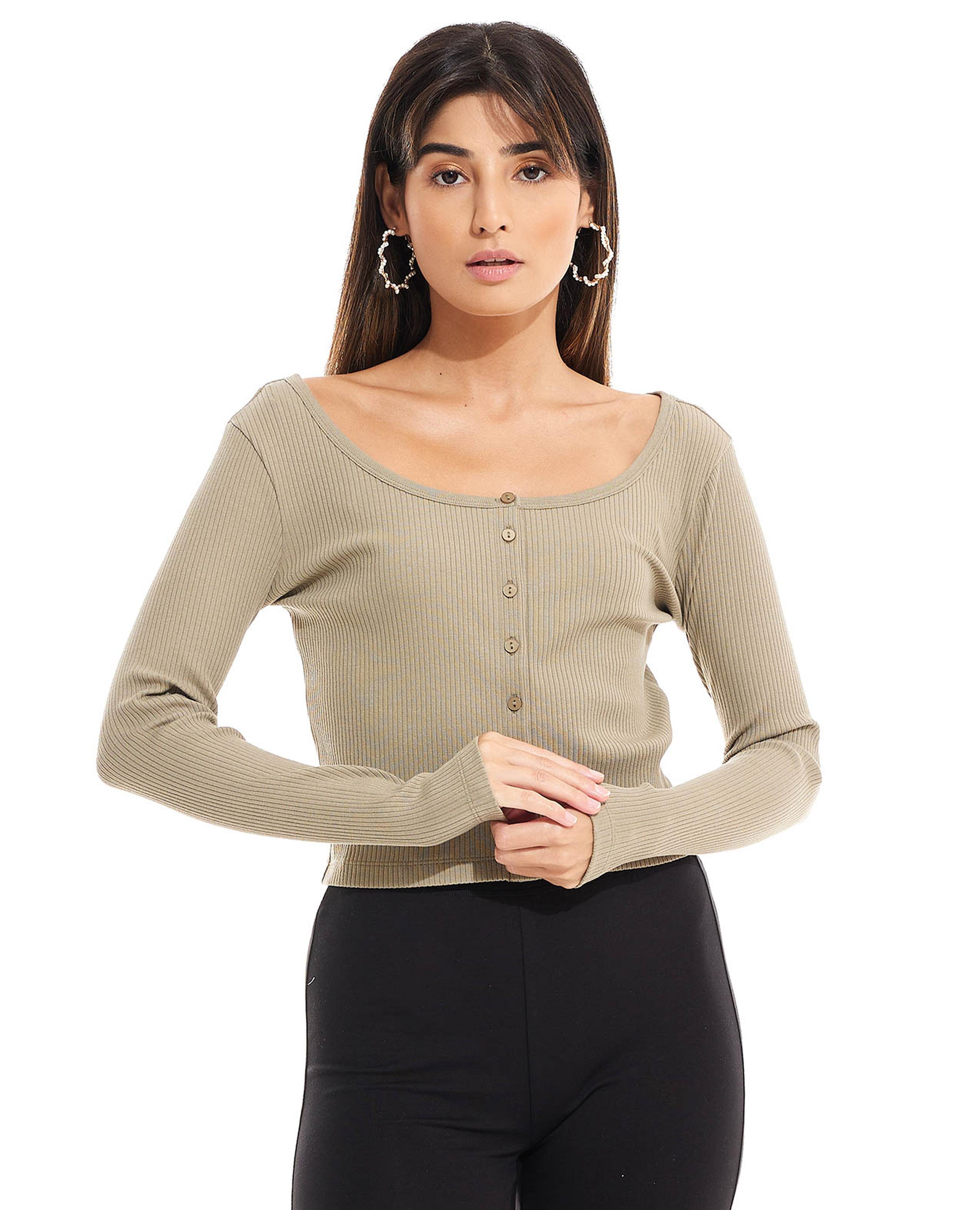 Ribbed Top with Button Front