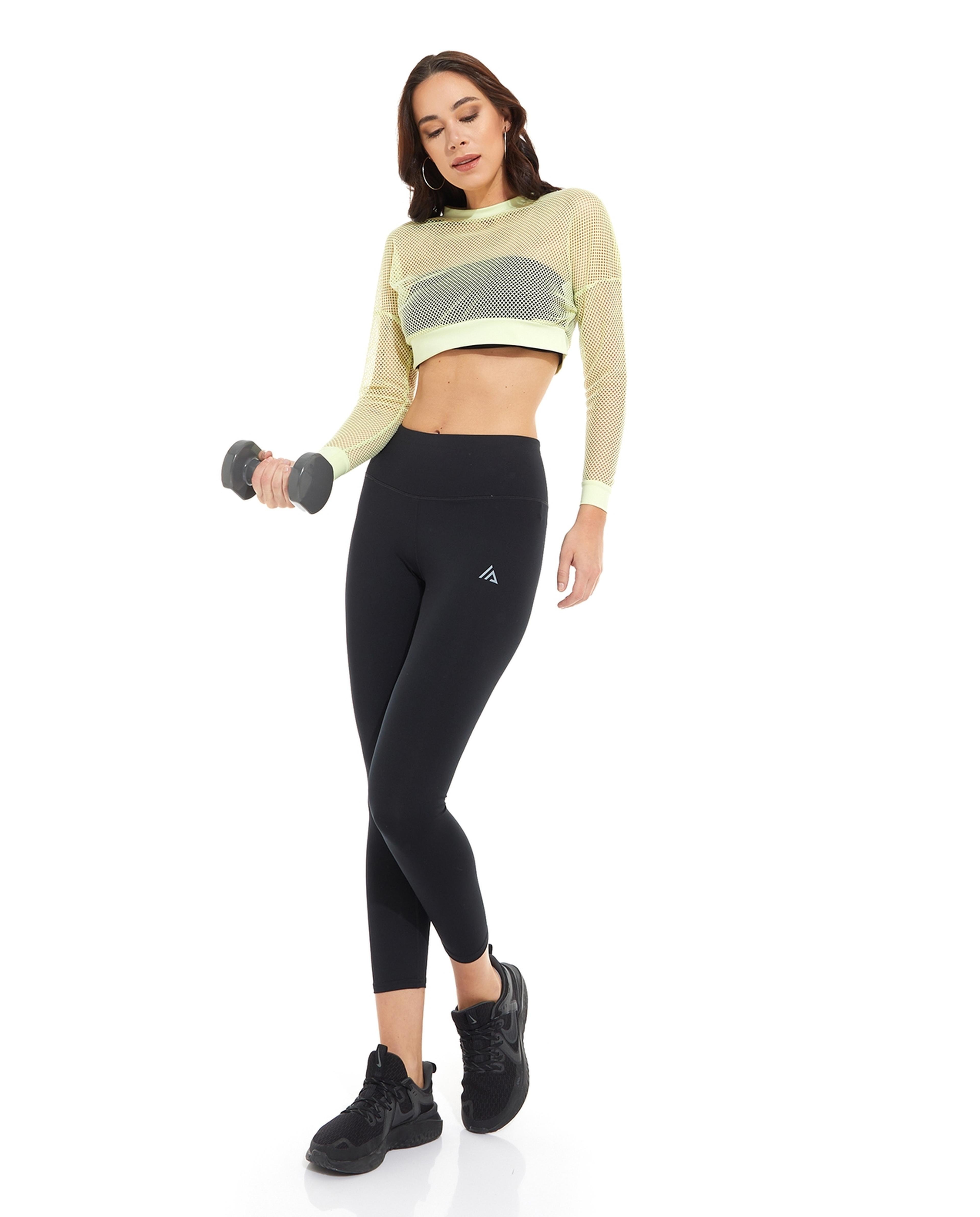 Mesh Crop Active Top with Crew Neck and Long Sleeves