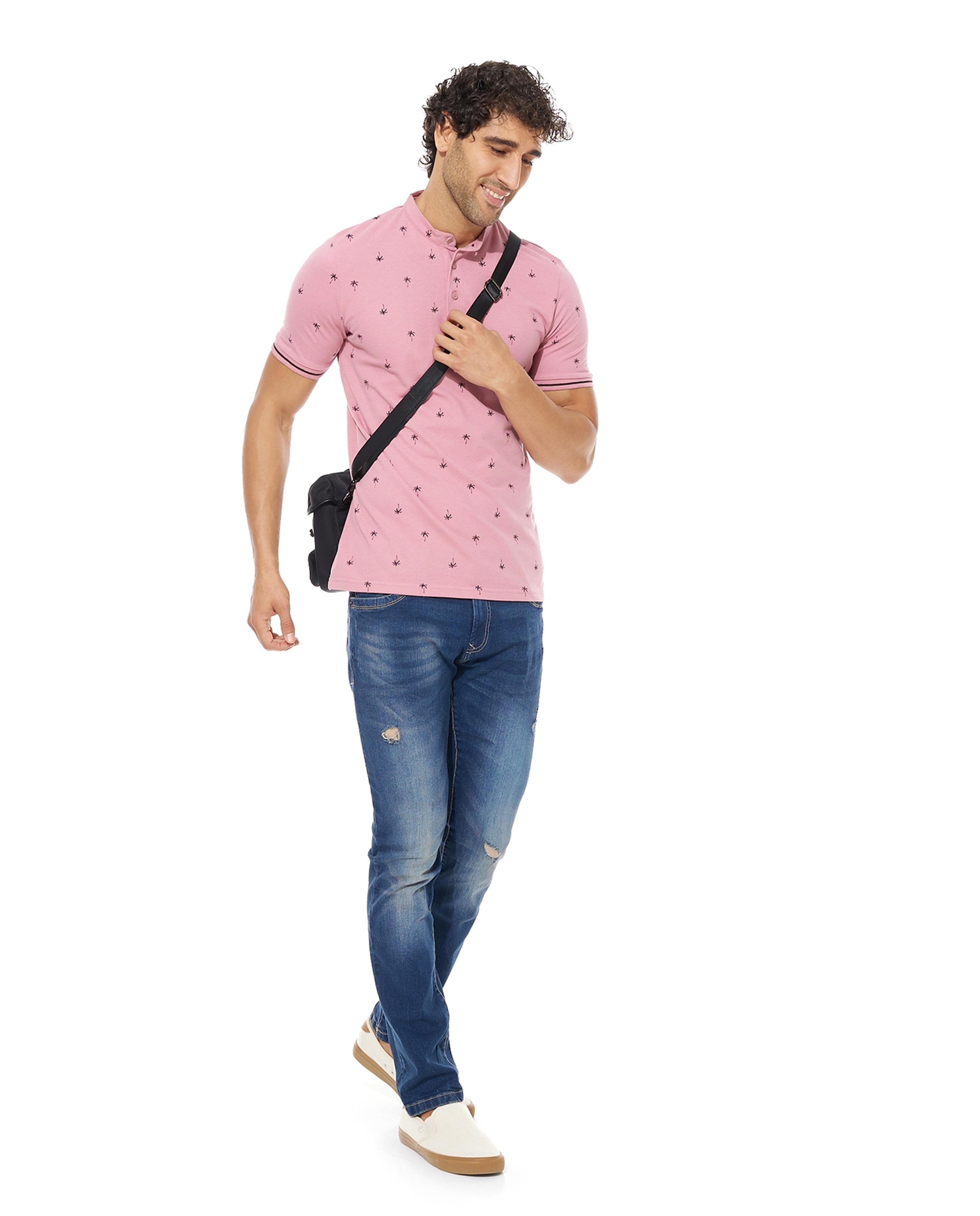 Printed T-Shirt with Stand Collar and Short Sleeves