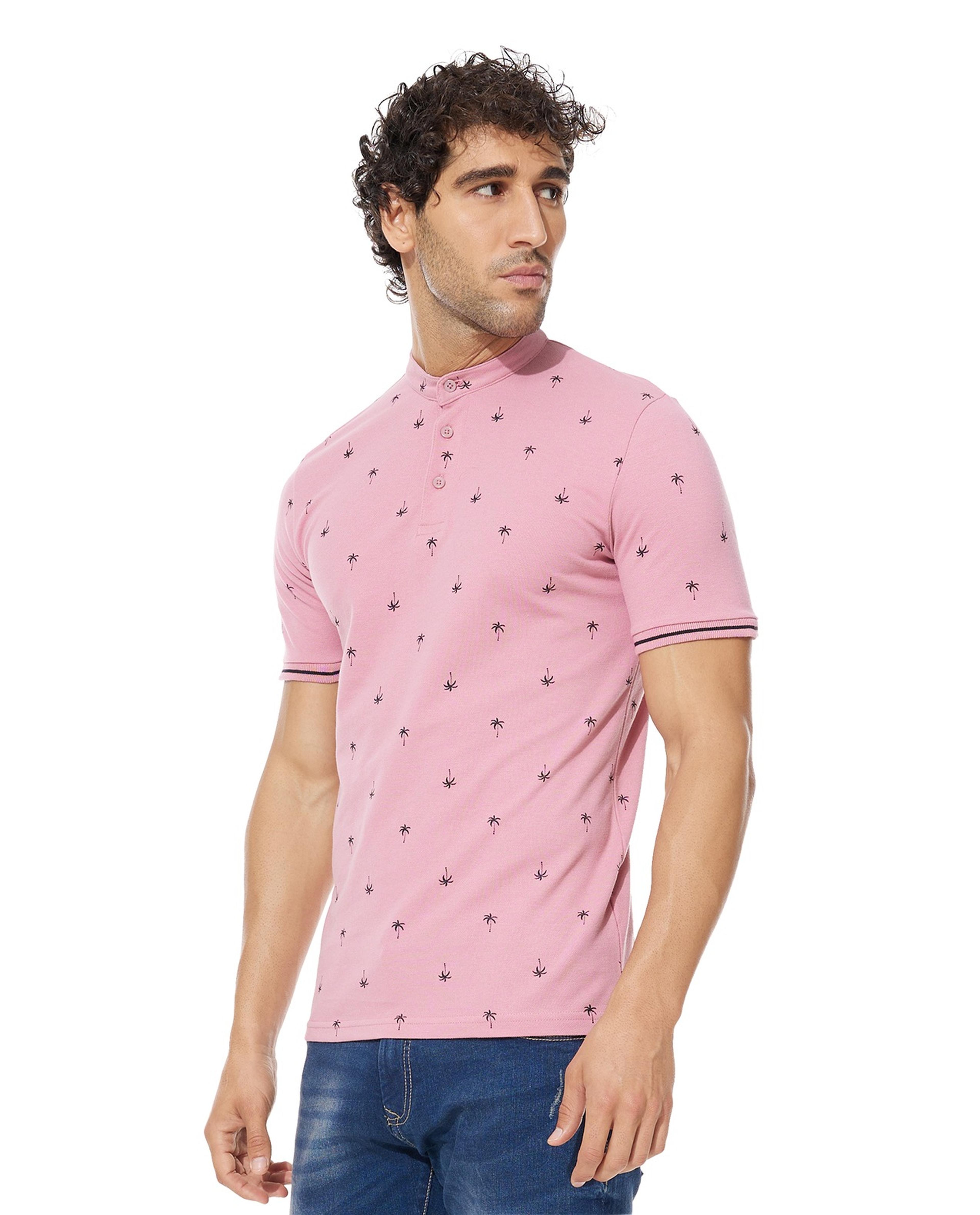 Printed T-Shirt with Stand Collar and Short Sleeves