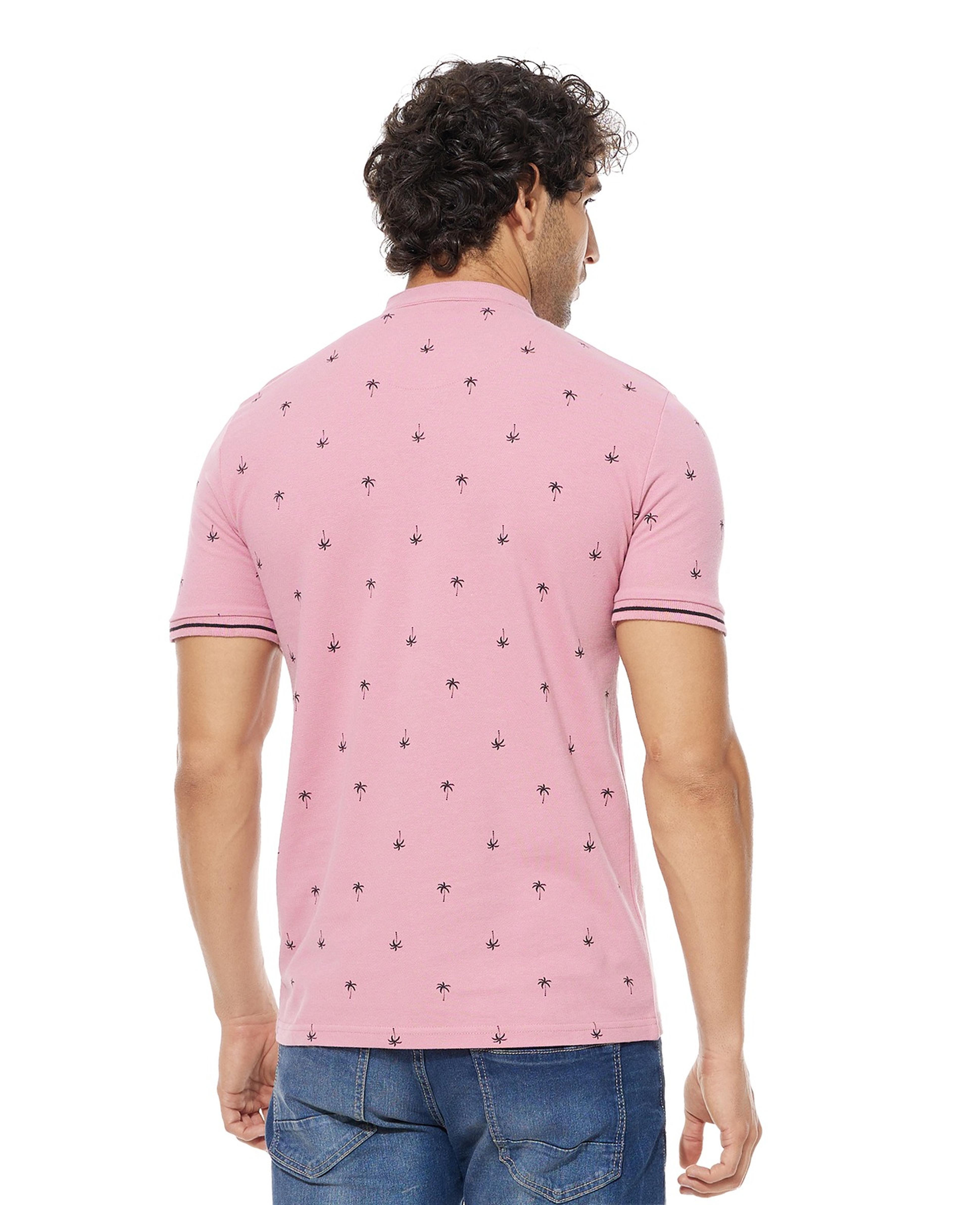 Printed T-Shirt with Stand Collar and Short Sleeves