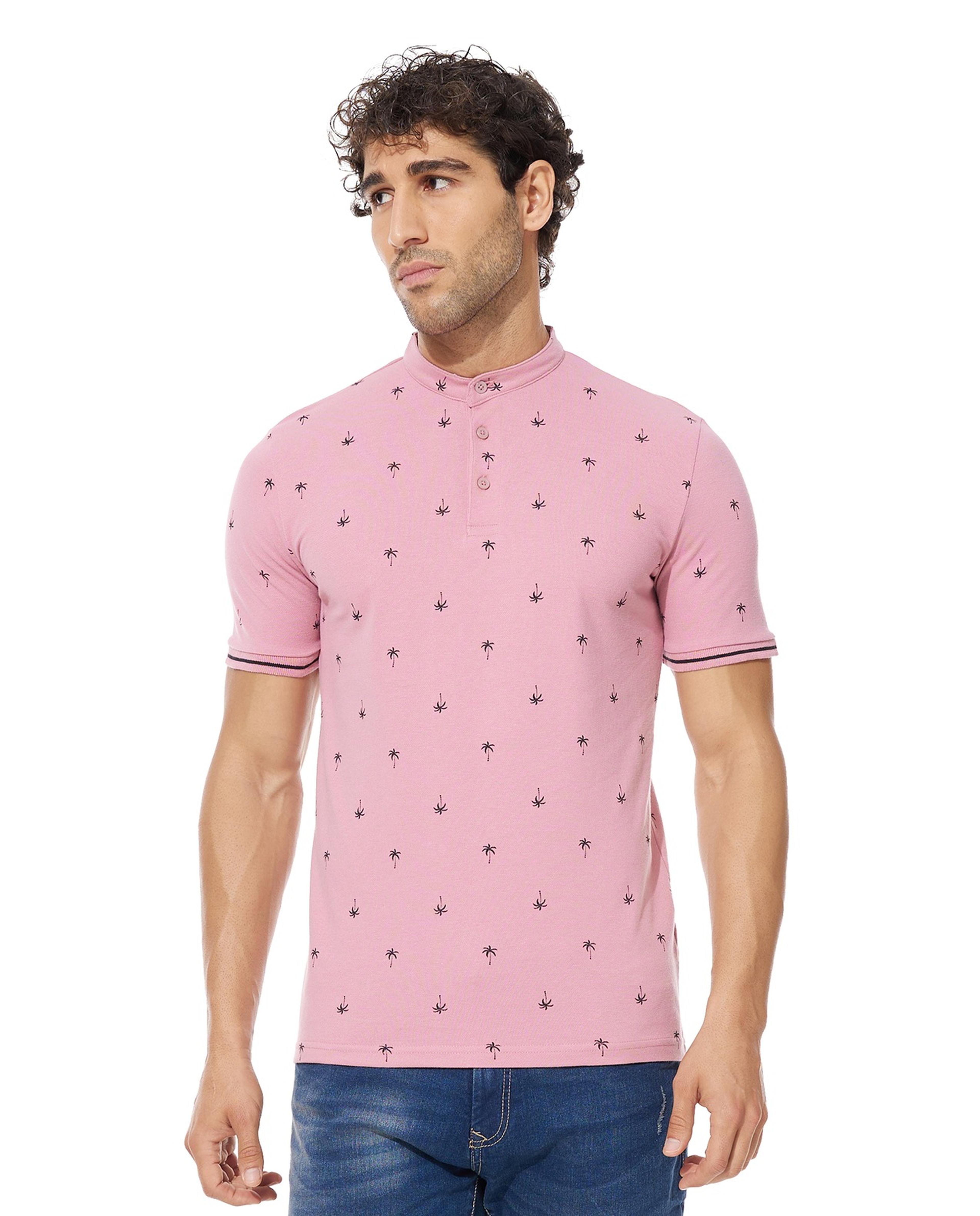 Printed T-Shirt with Stand Collar and Short Sleeves