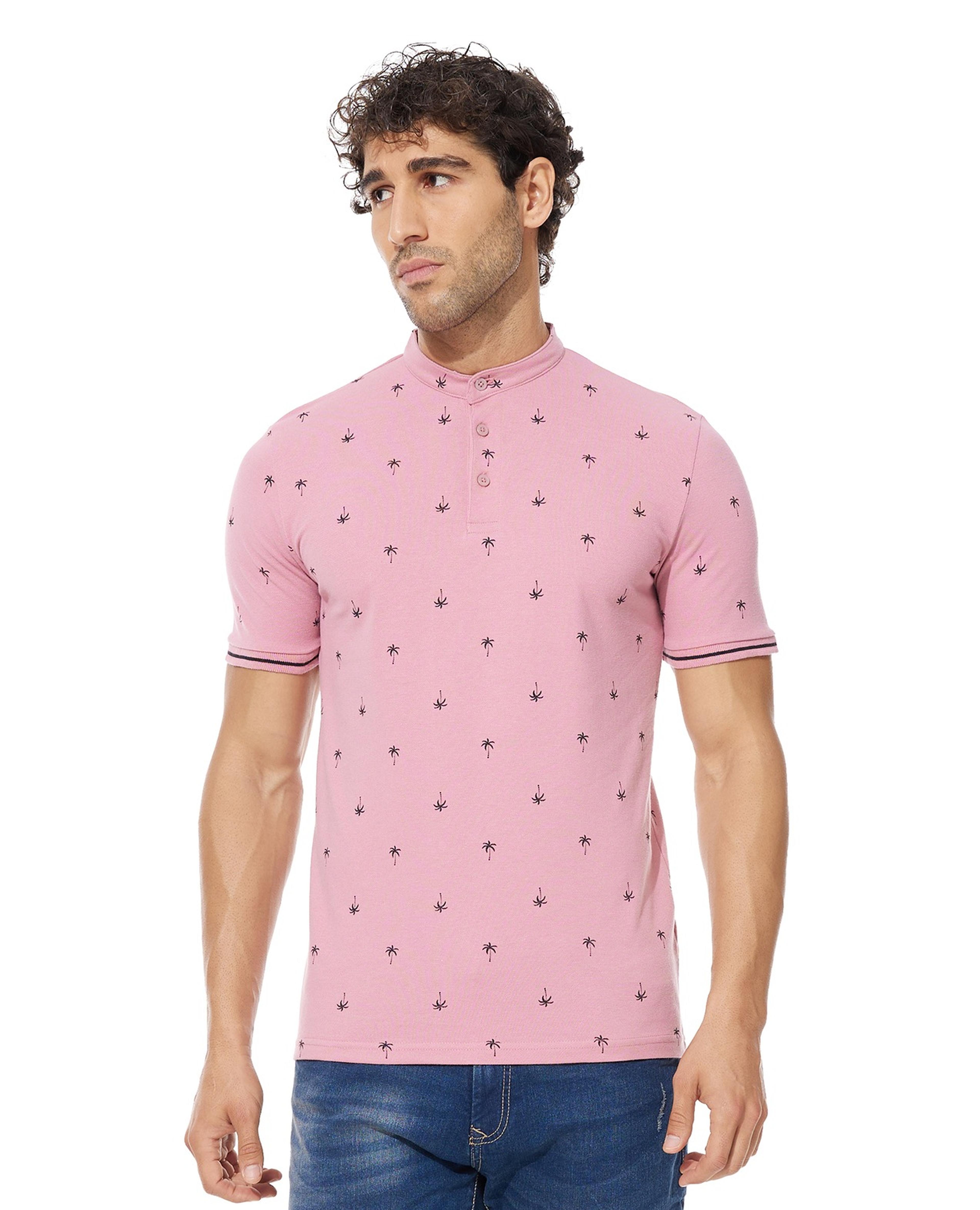 Printed T-Shirt with Stand Collar and Short Sleeves