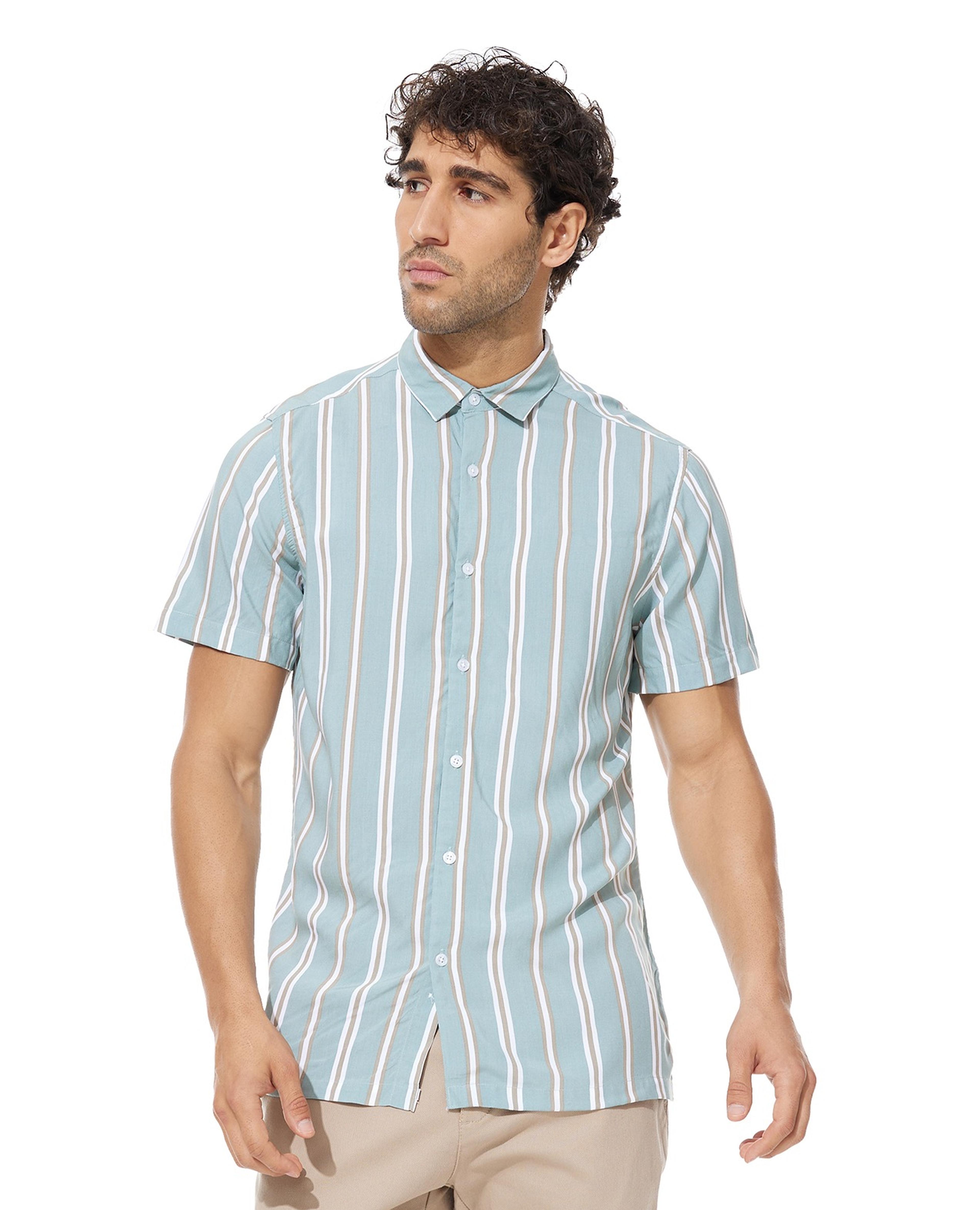 Striped Shirt with Classic Collar and Short Sleeves