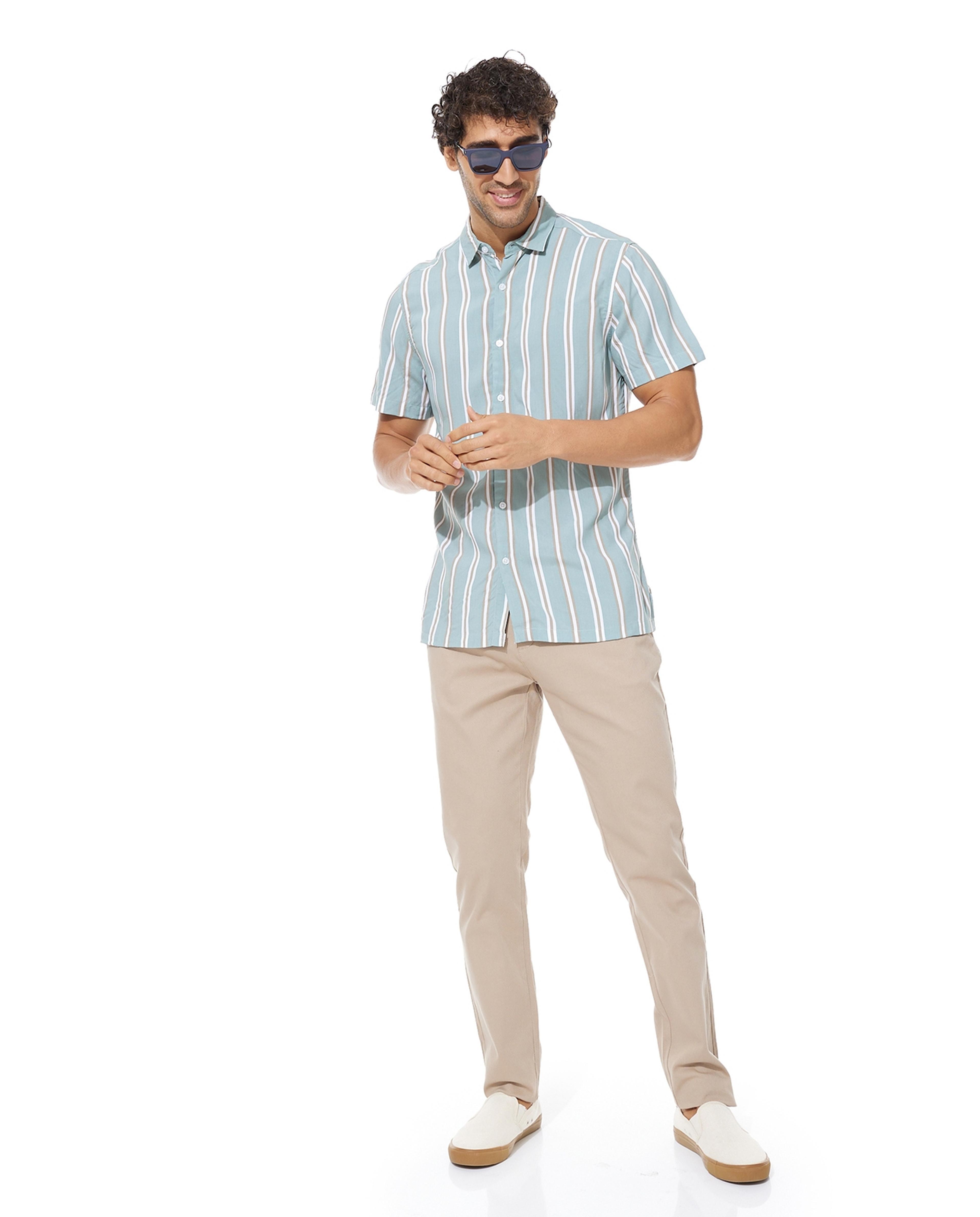 Striped Shirt with Classic Collar and Short Sleeves