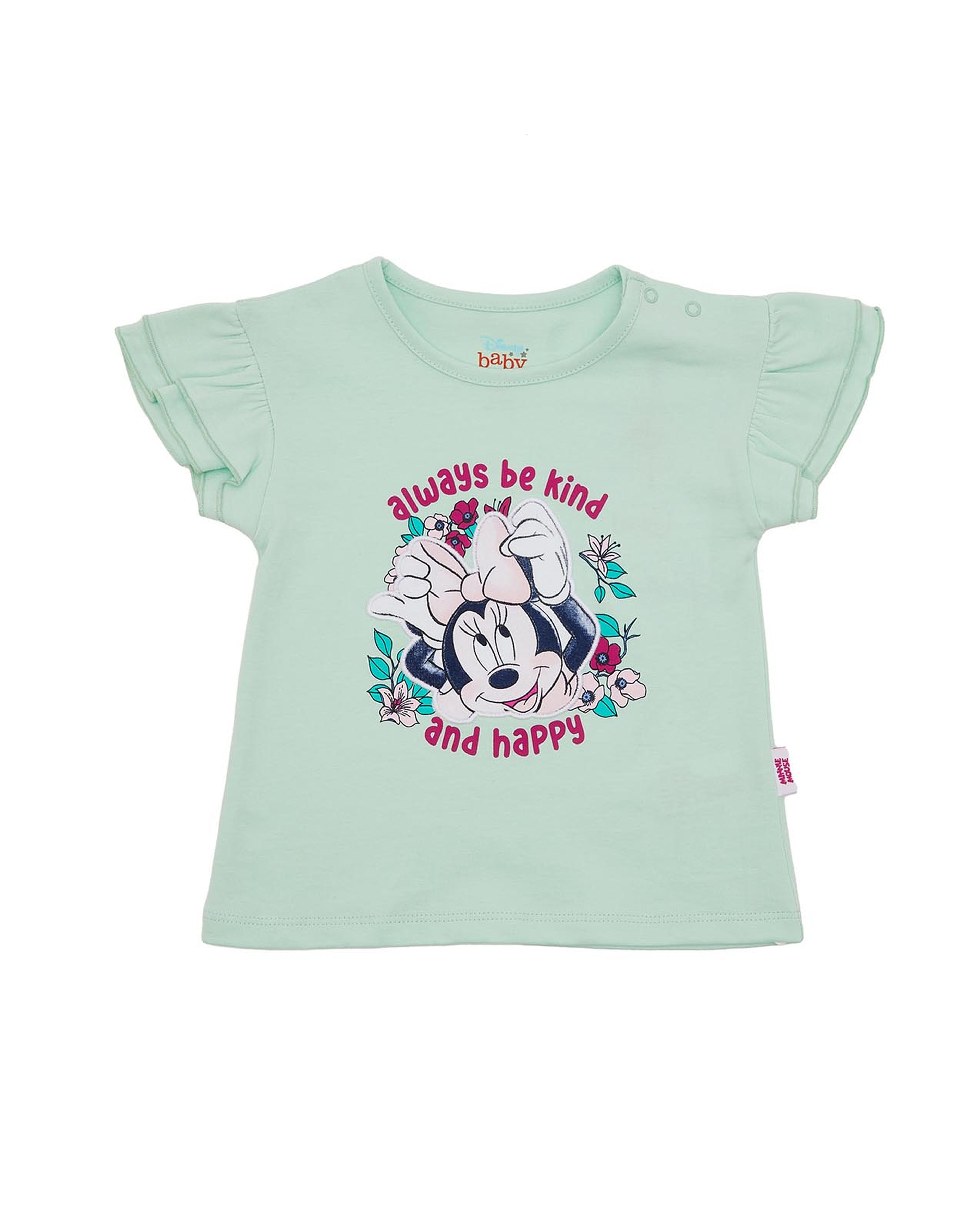 Minnie Mouse Print Top with Crew Neck and Flutter Sleeves