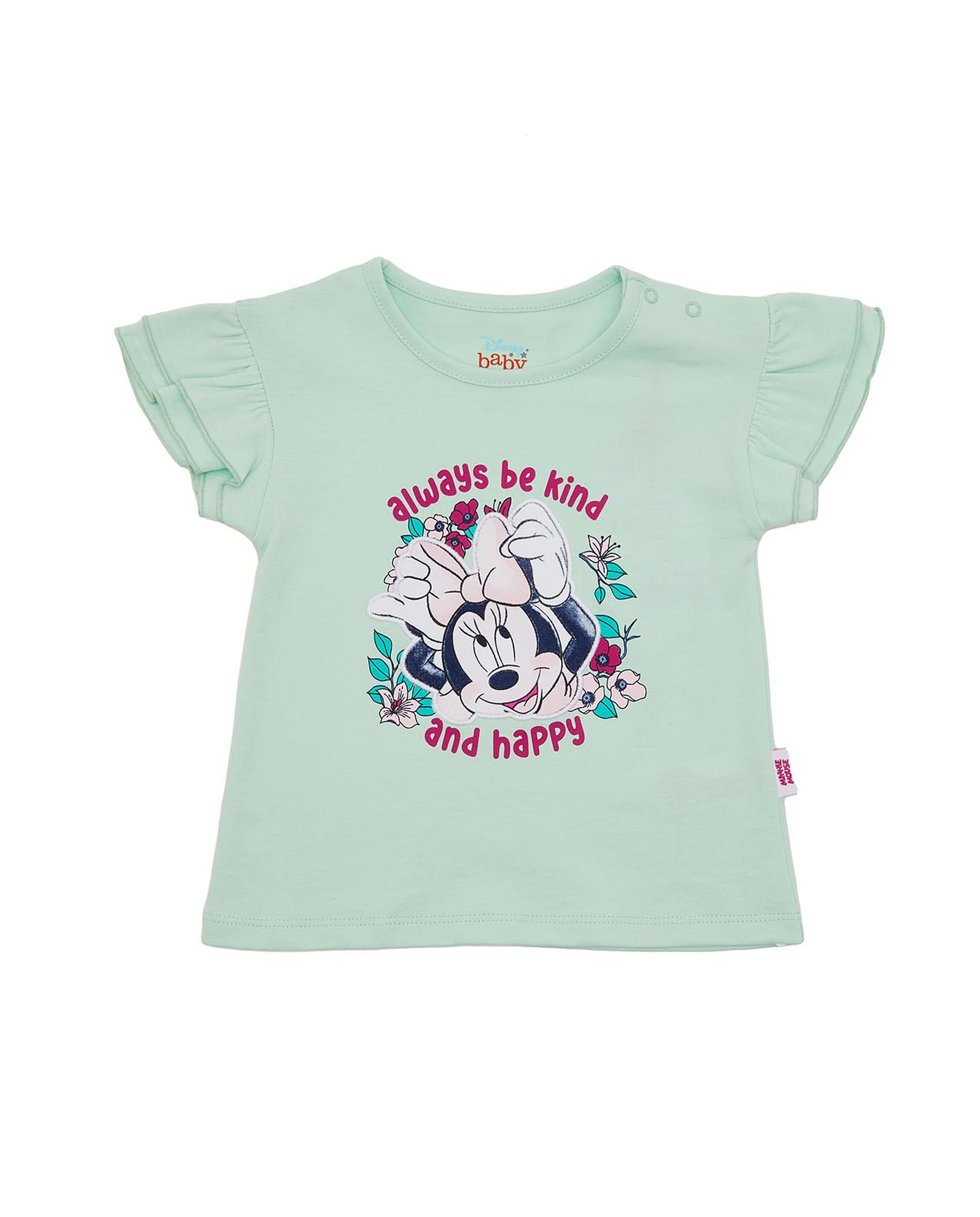 Minnie Mouse Print Top with Crew Neck and Flutter Sleeves