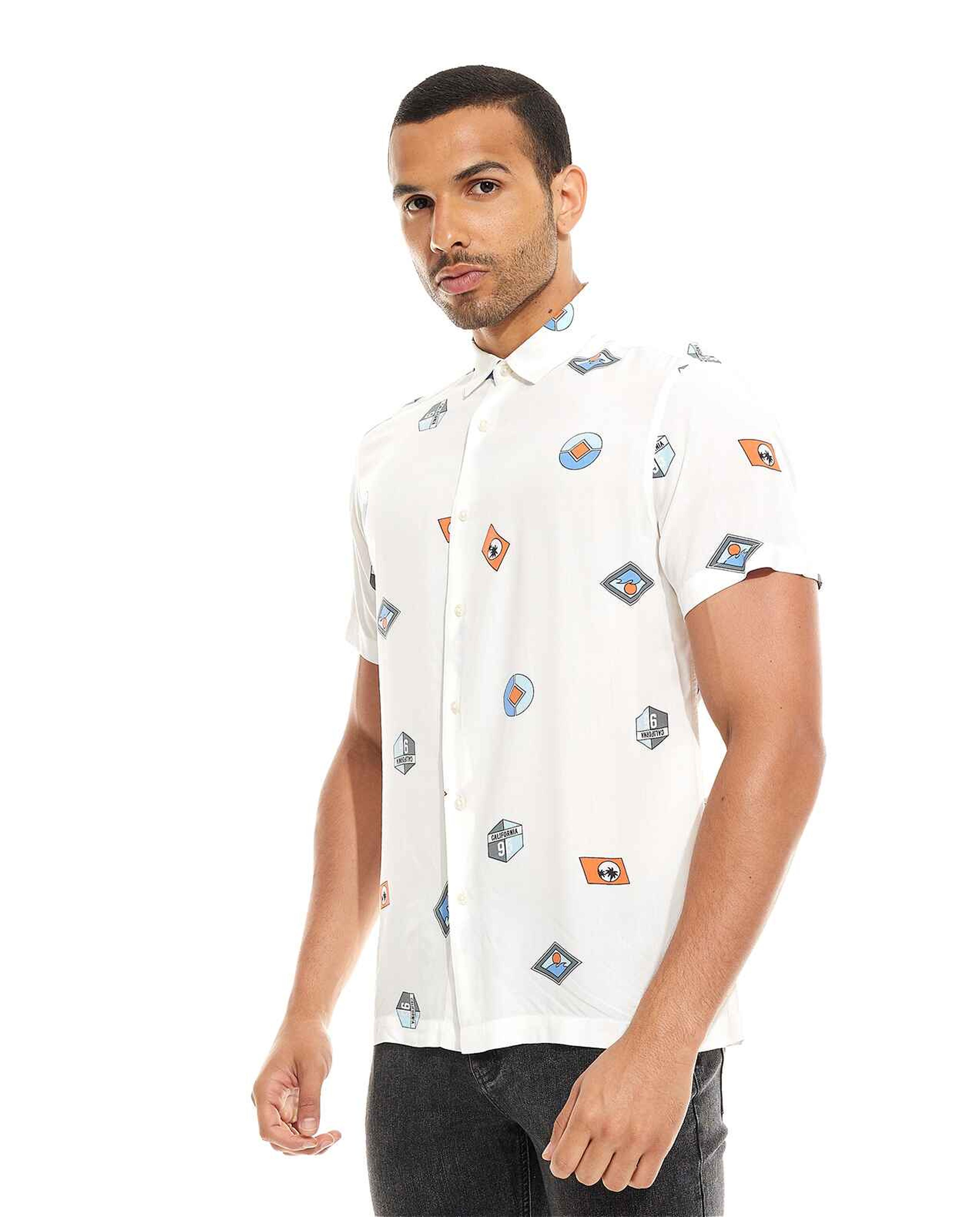 Printed Shirt with Classic Collar and Short Sleeves