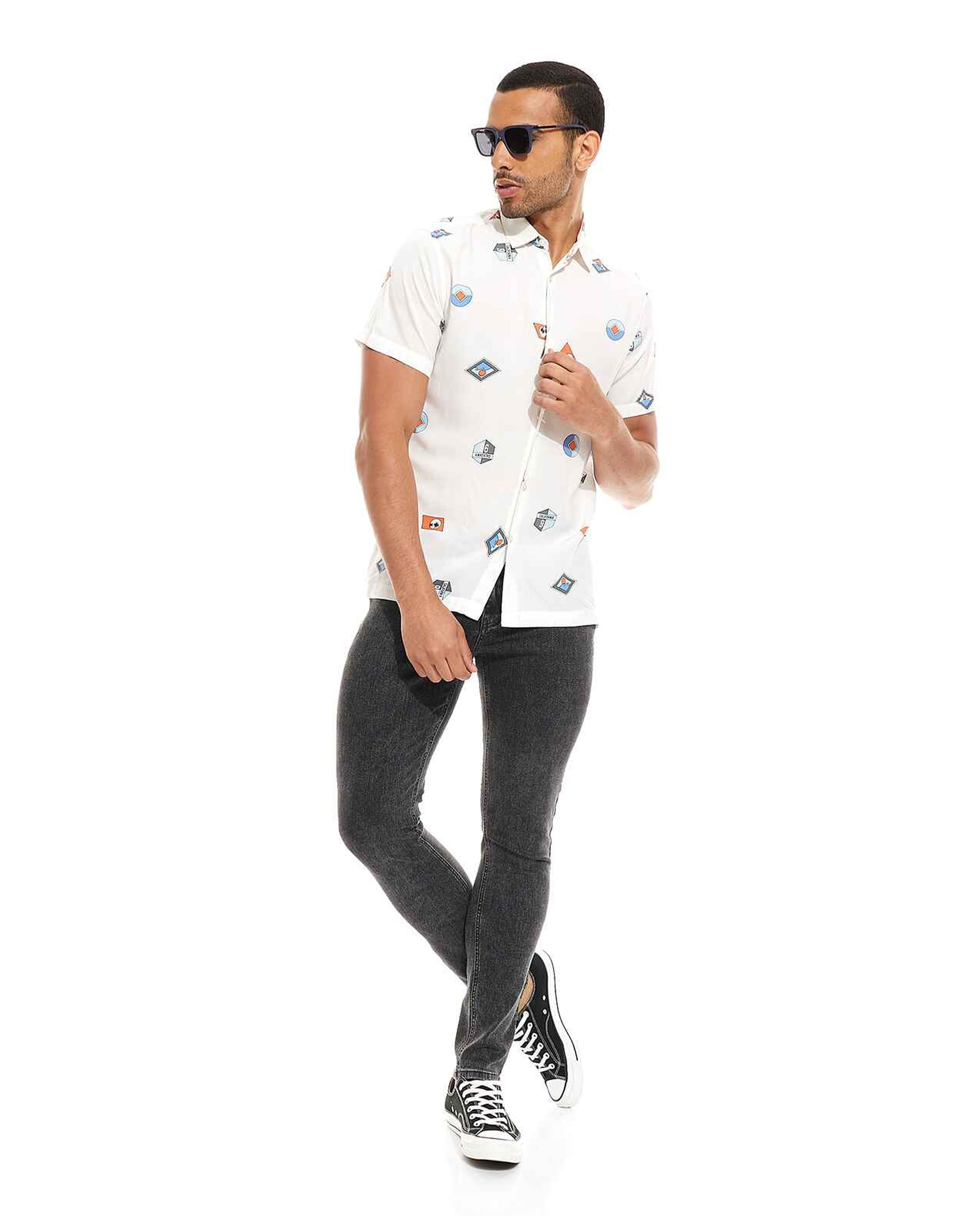 Printed Shirt with Classic Collar and Short Sleeves