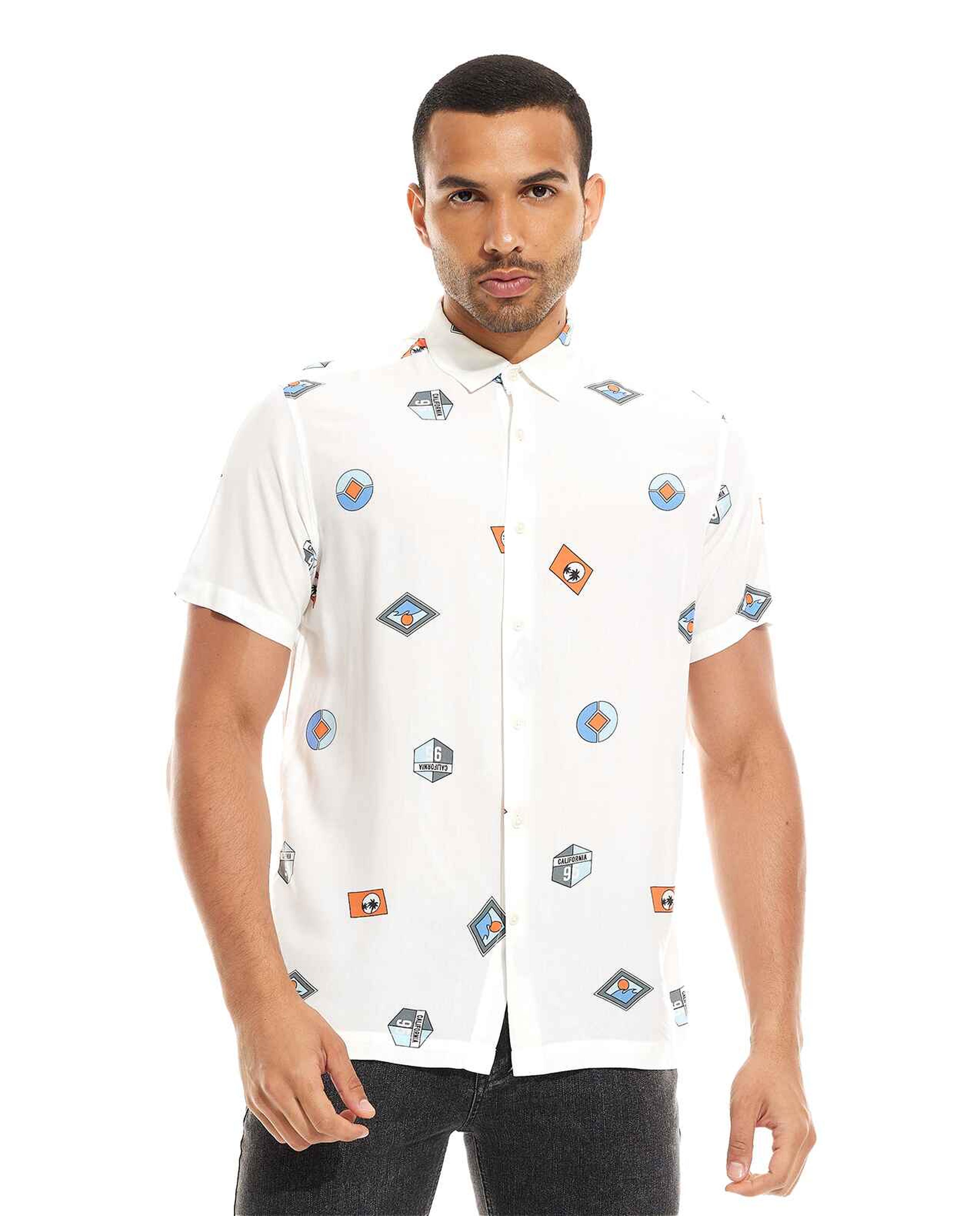 Printed Shirt with Classic Collar and Short Sleeves