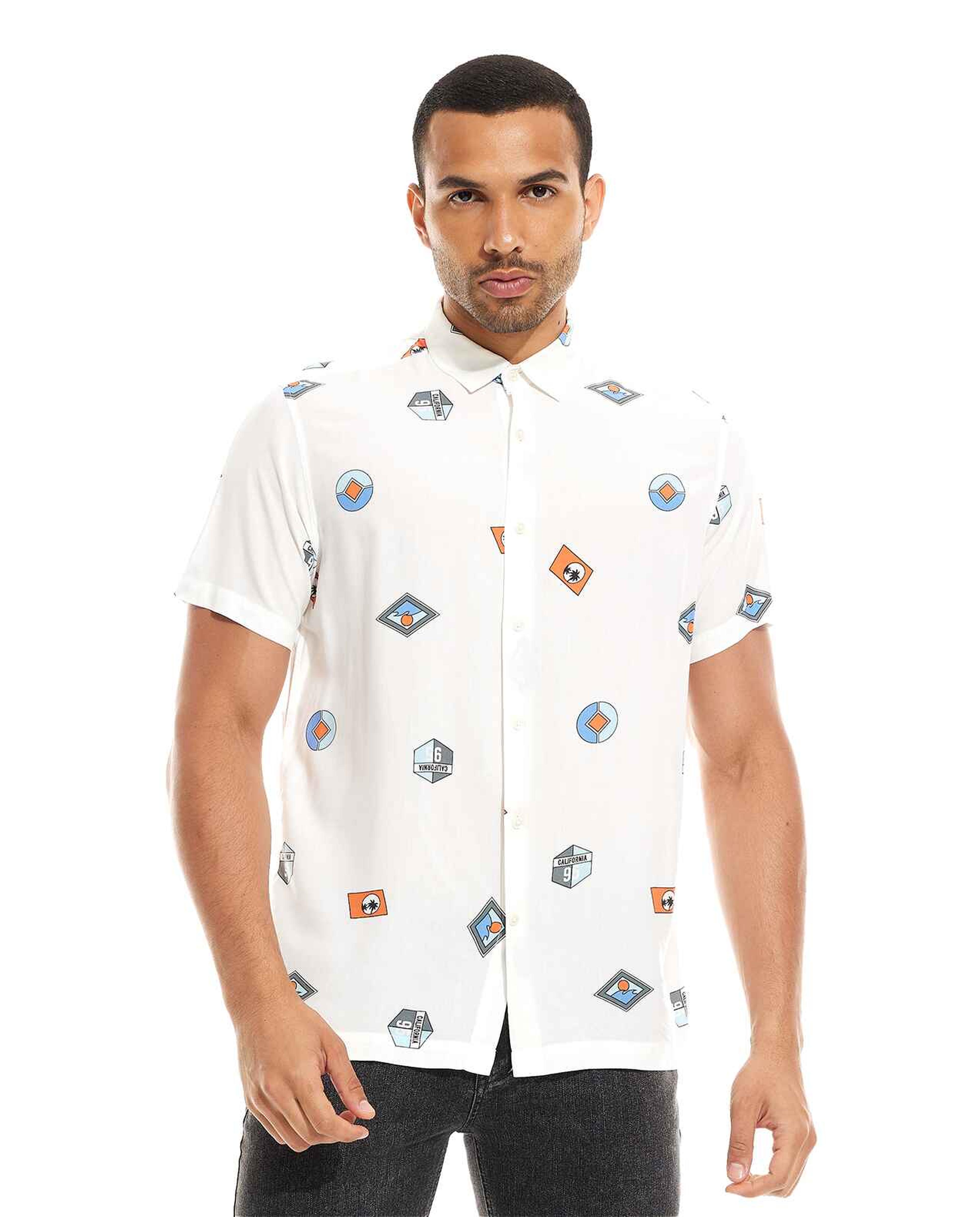 Printed Shirt with Classic Collar and Short Sleeves