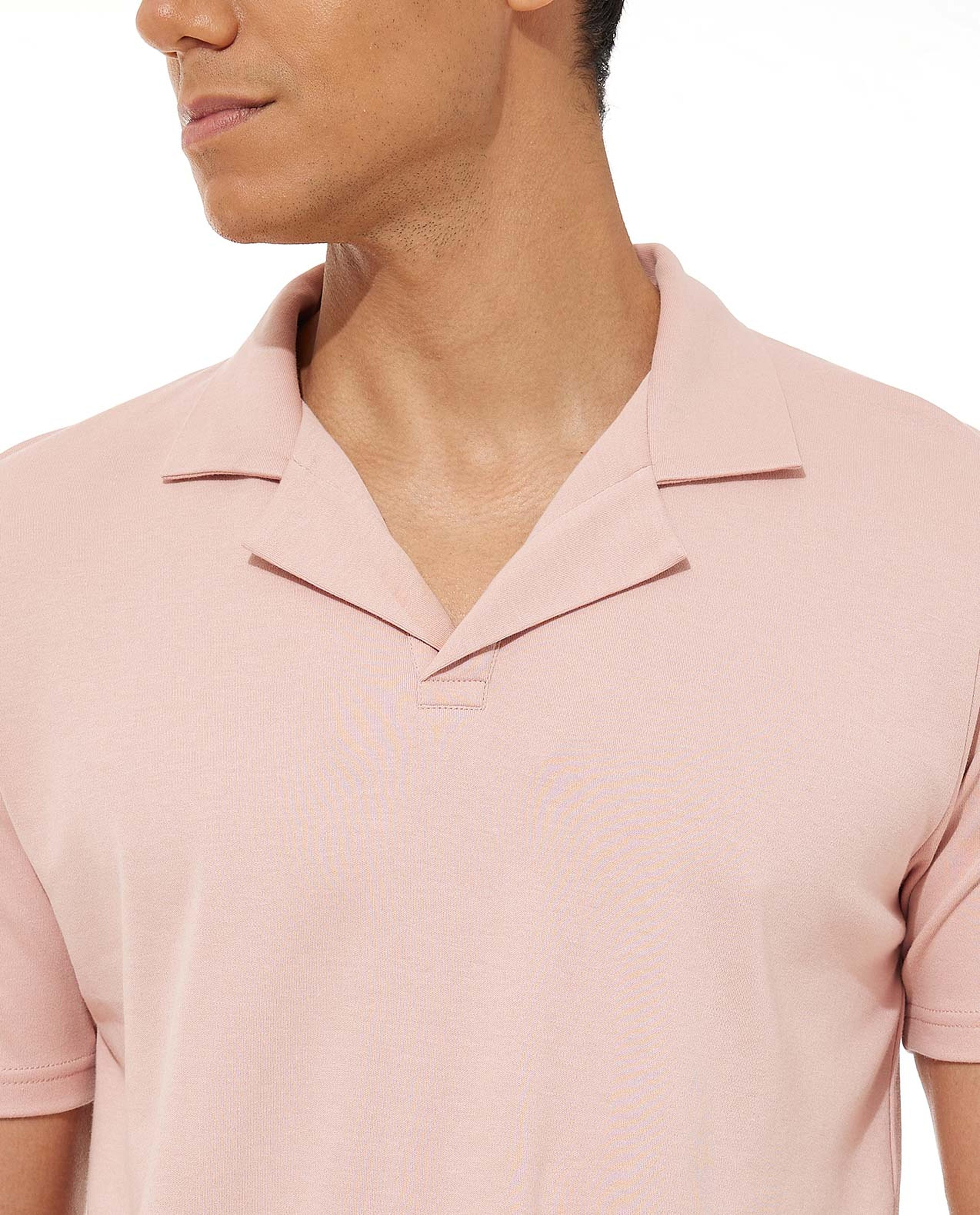 Solid Shirt with Revere Collar and Short Sleeves