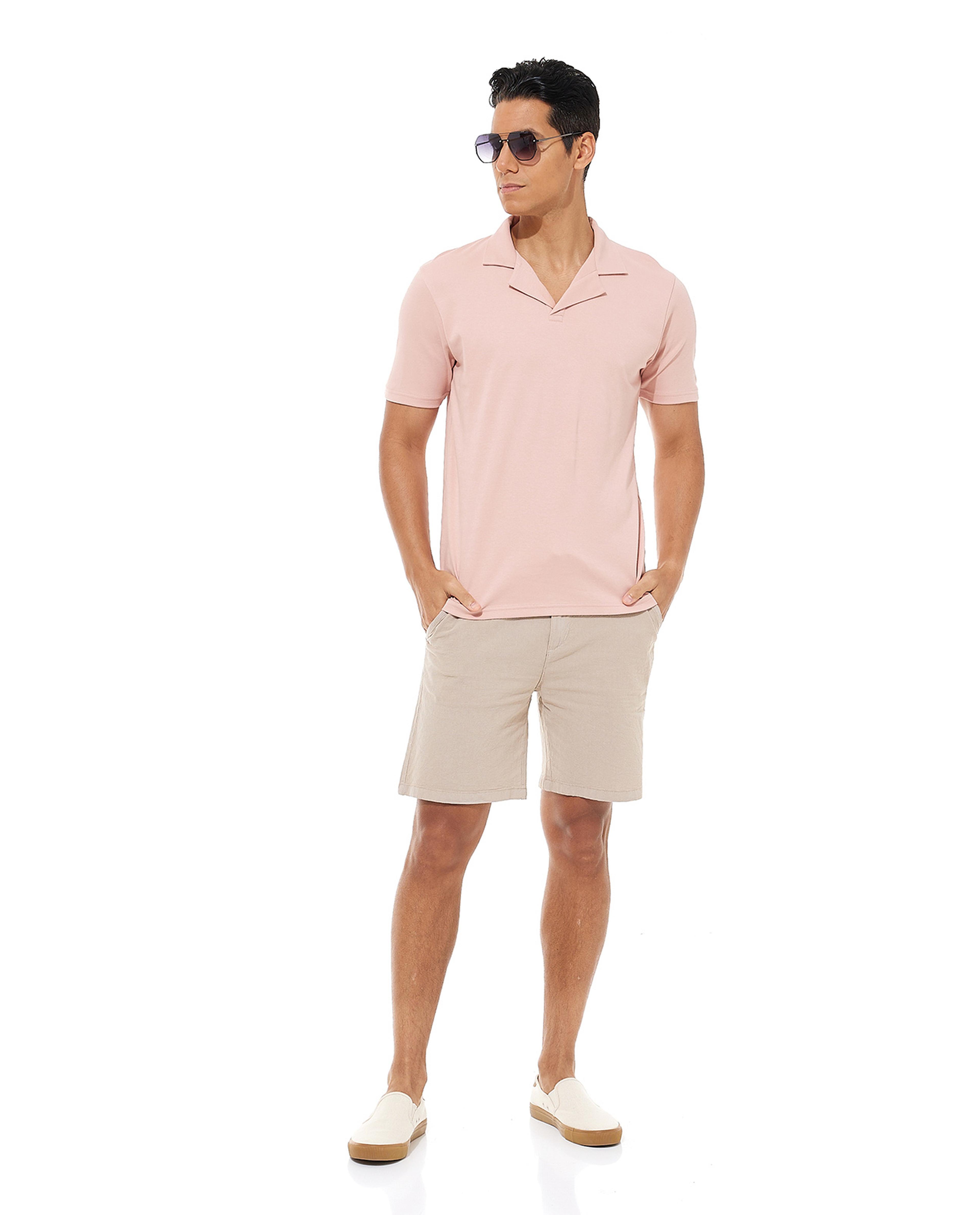 Solid Shirt with Revere Collar and Short Sleeves