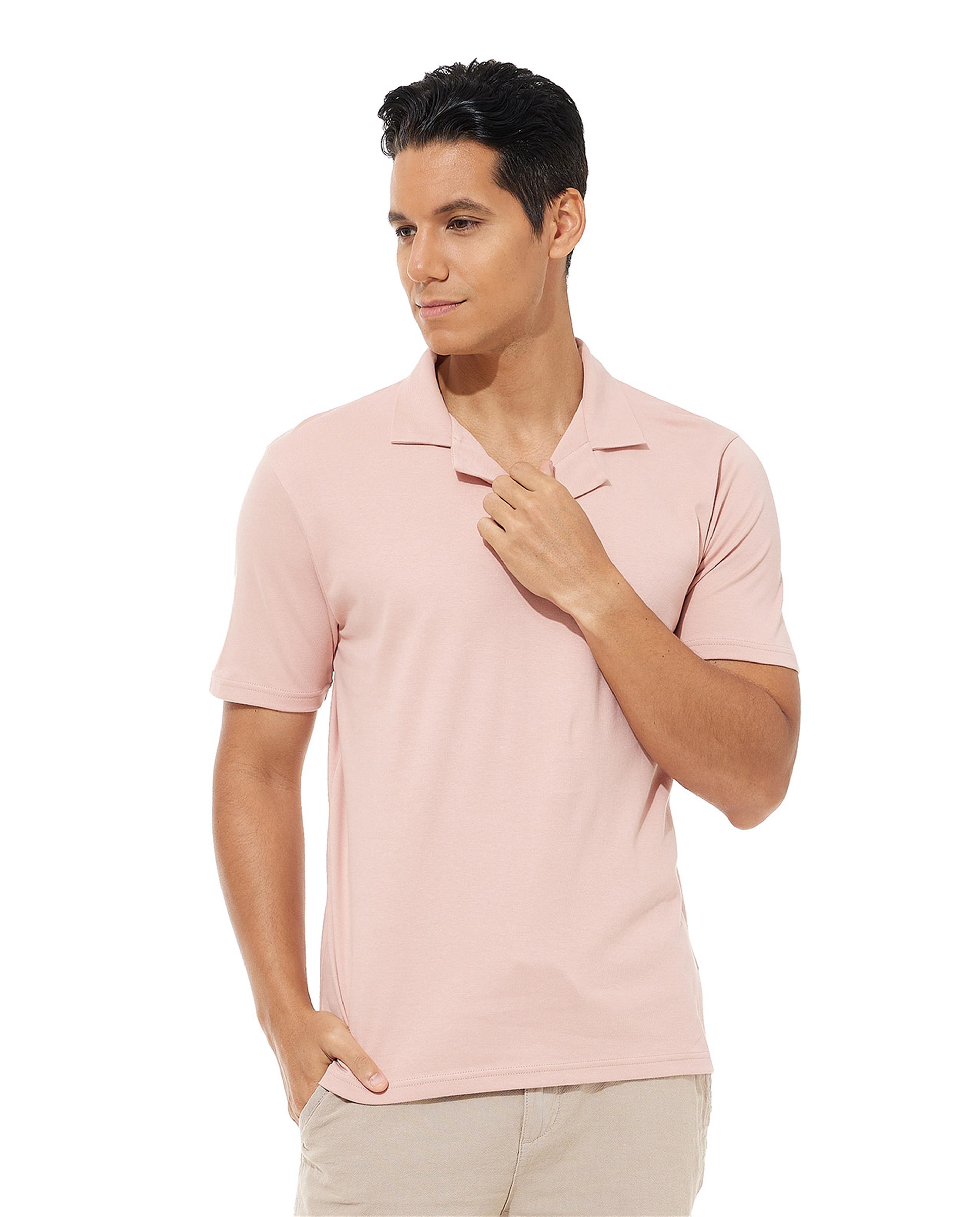 Solid Shirt with Revere Collar and Short Sleeves