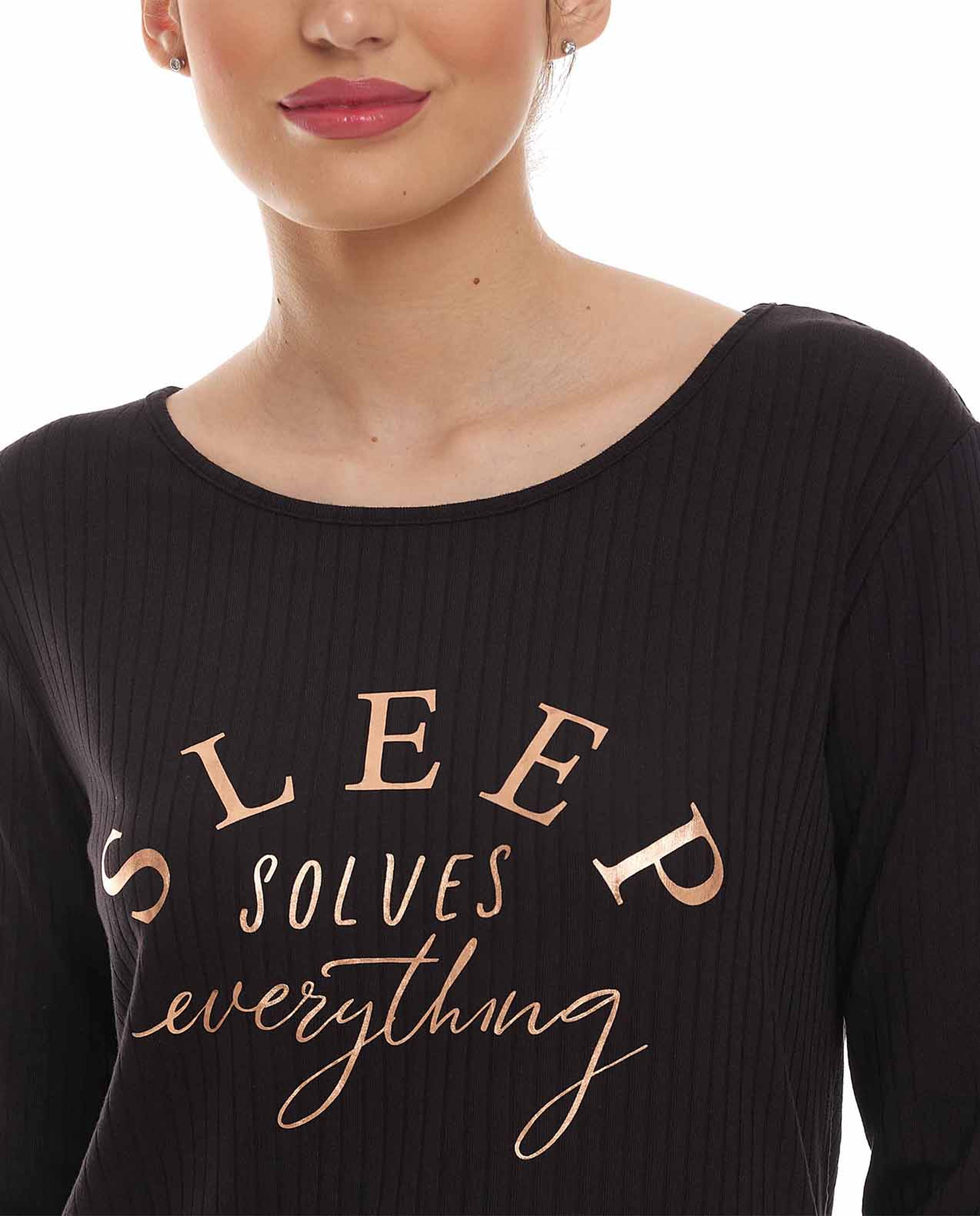 Solid Sleep Top with Crew Neck and Long Sleeves