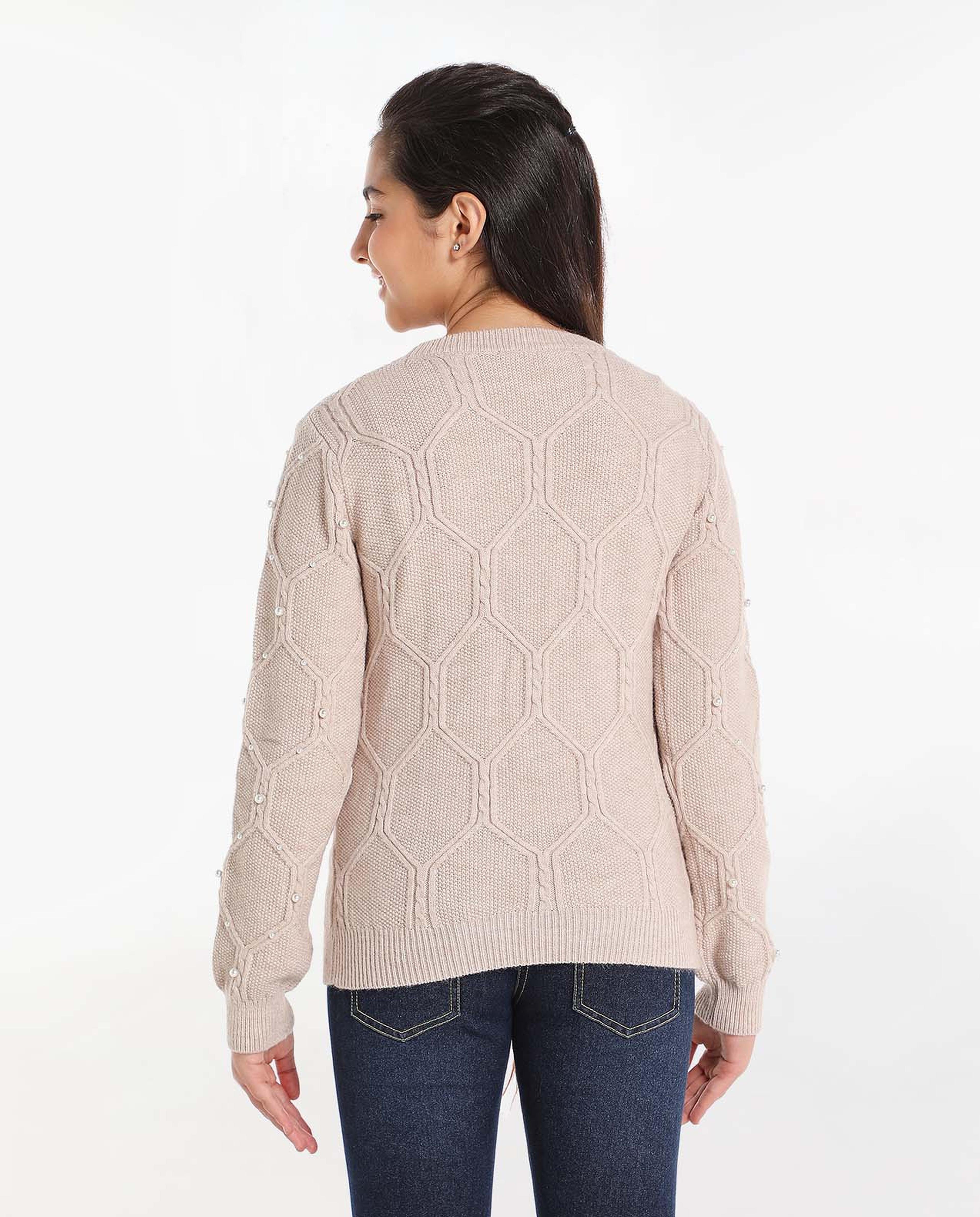 Pearl Embellished Sweater with Round Neck and Full Sleeves