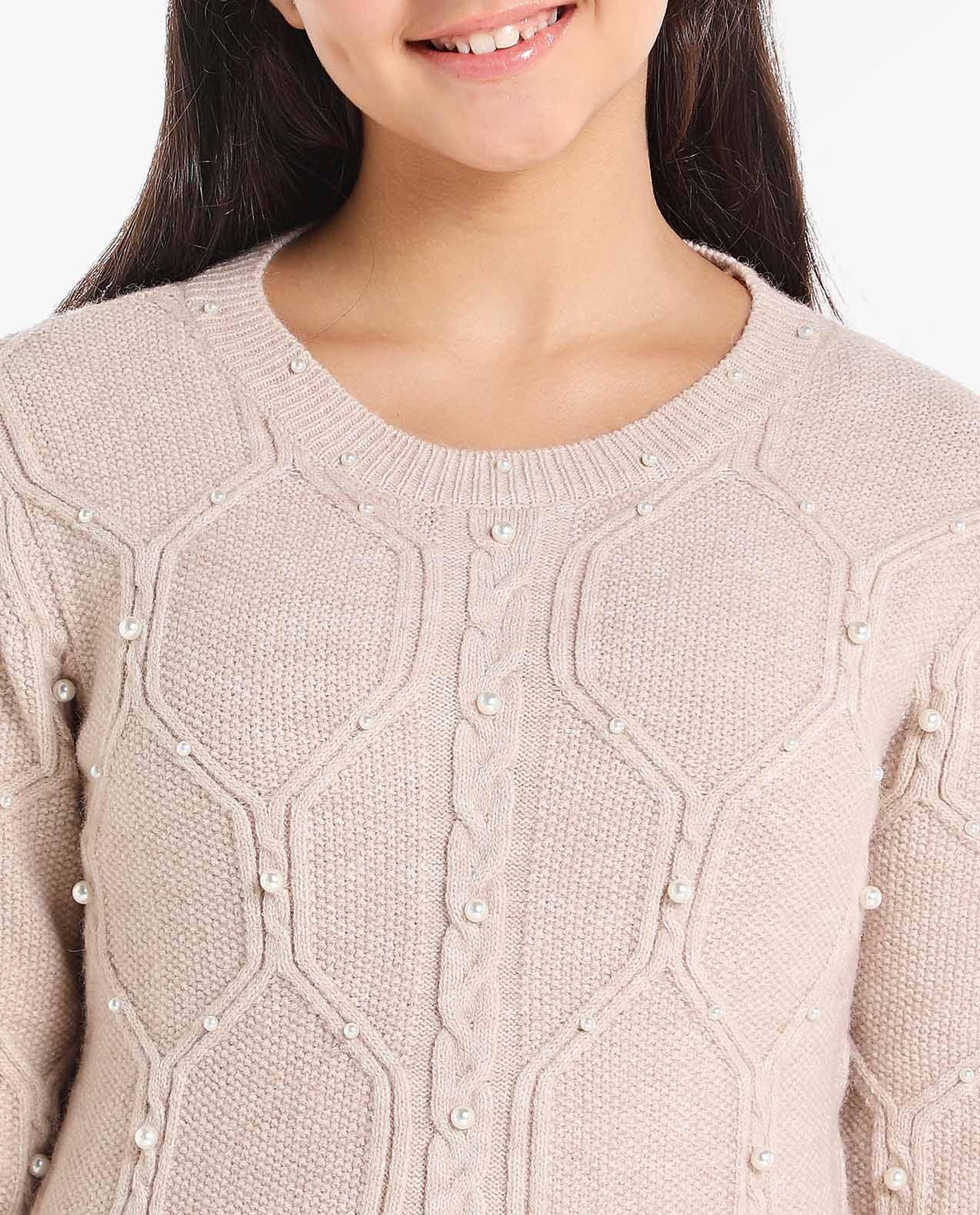 Pearl Embellished Sweater with Round Neck and Full Sleeves