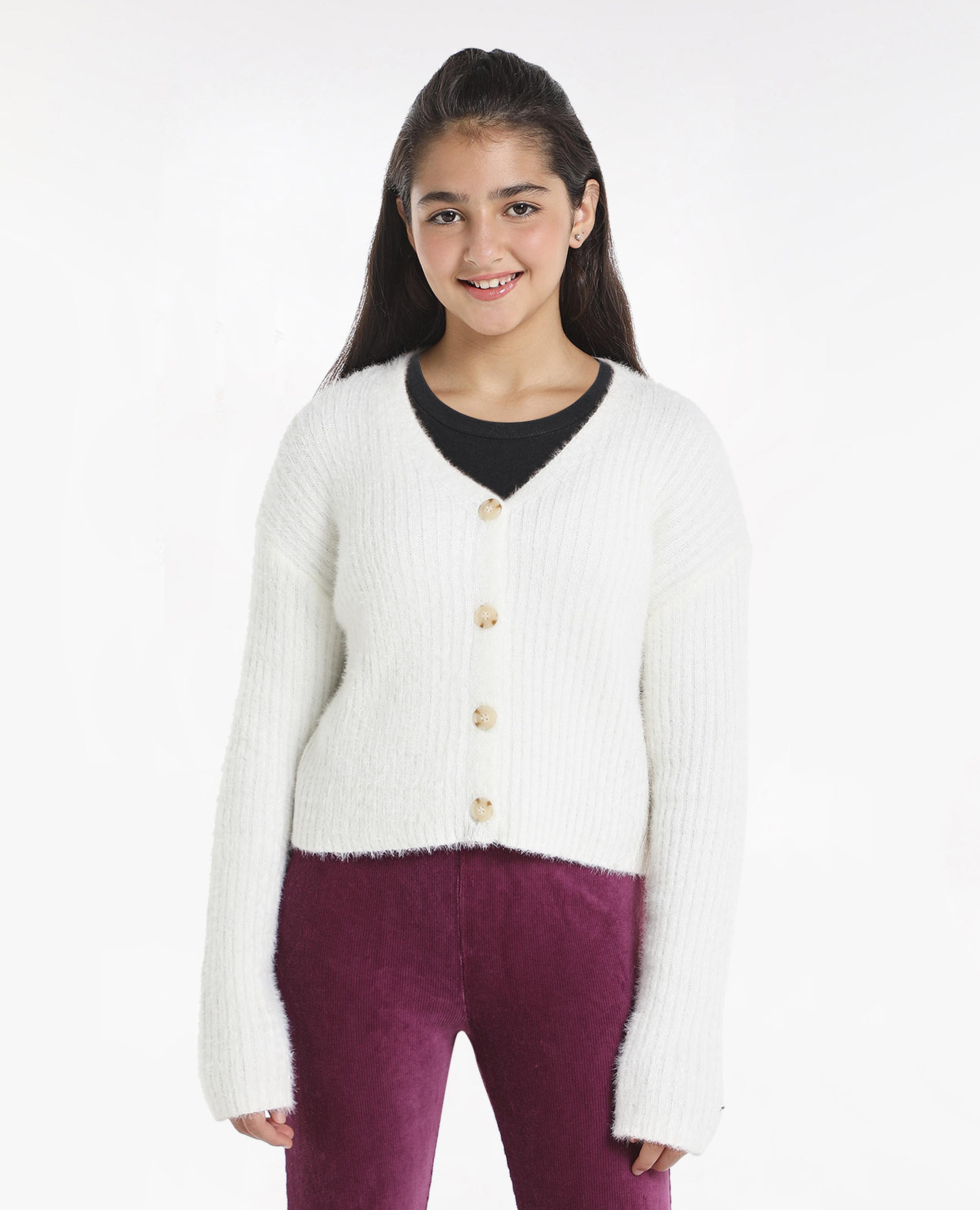 Button Detailed Sweater with V-Neck and Long Sleeves