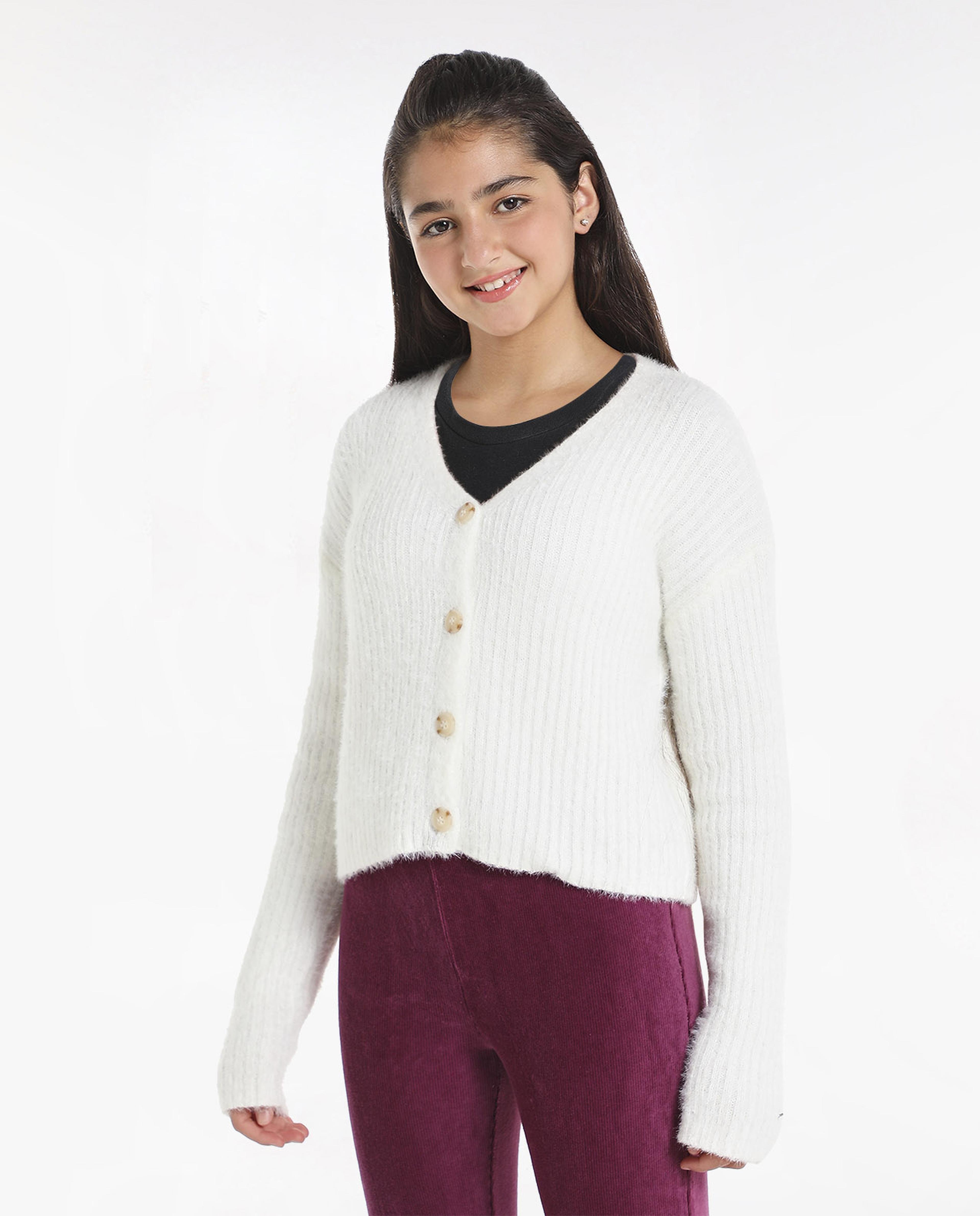Button Detailed Sweater with V-Neck and Long Sleeves