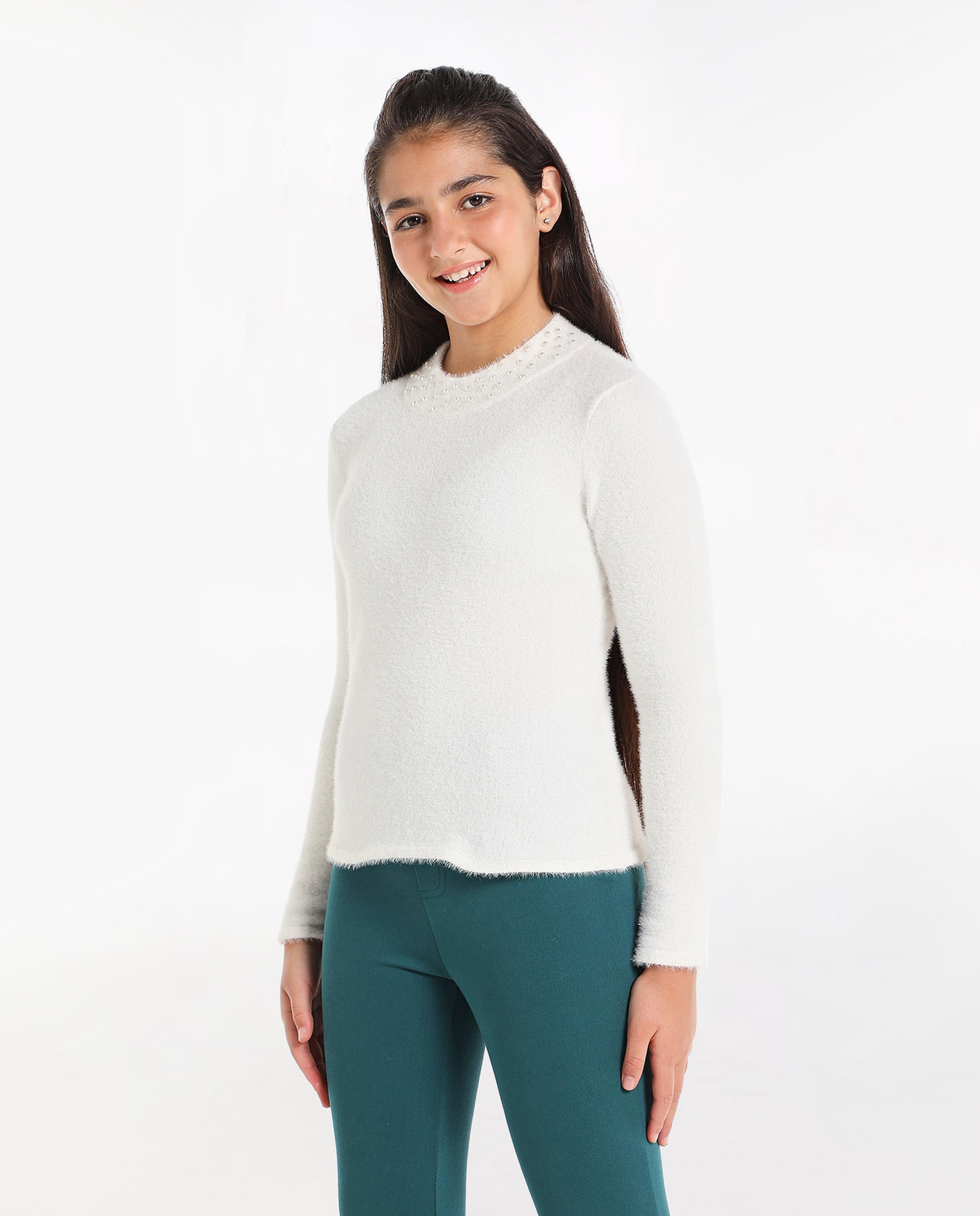 Pearl Embellished Sweater with Mock Neck and Long Sleeves
