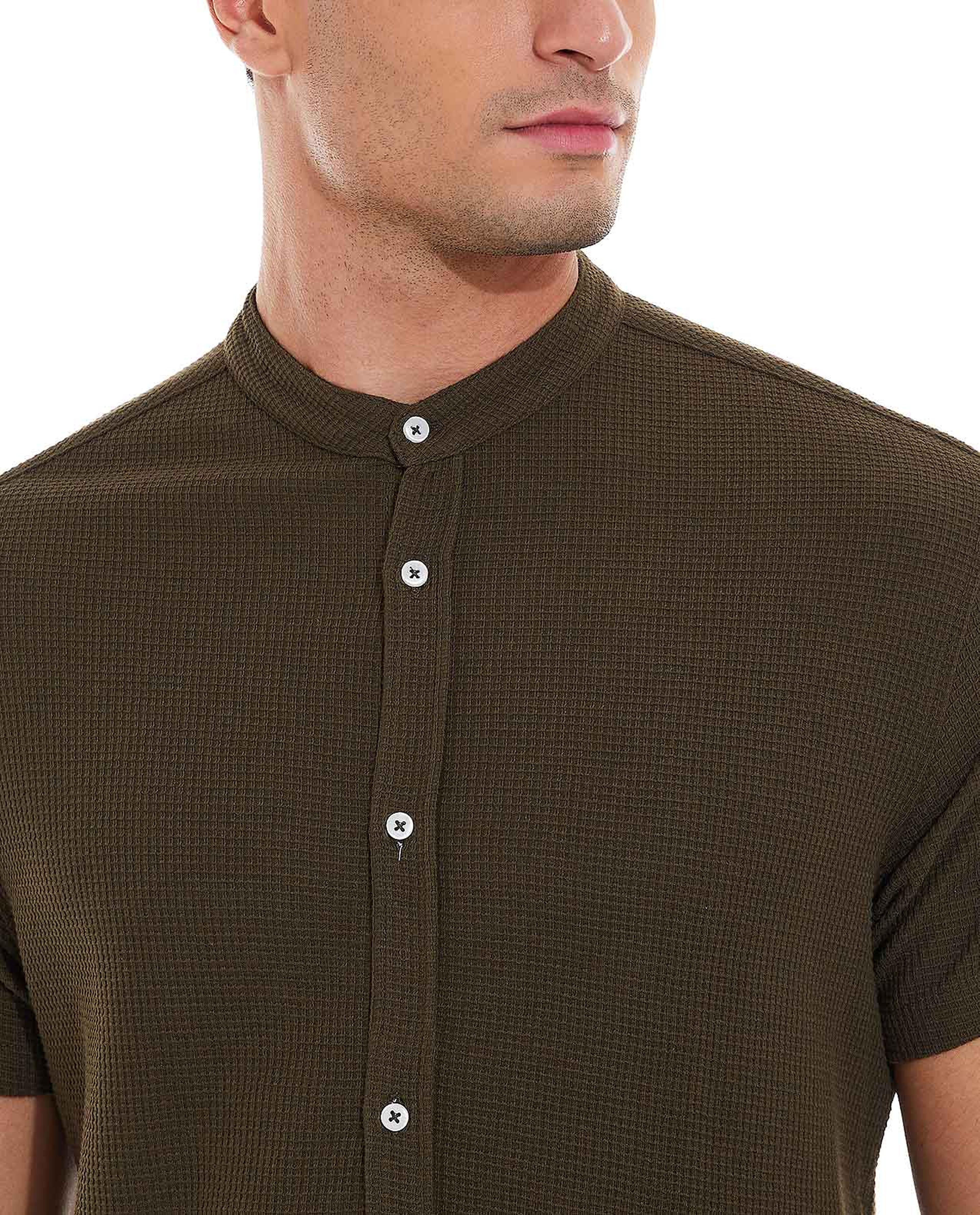 Knitted Shirt with Mandarin Collar and Short Sleeves