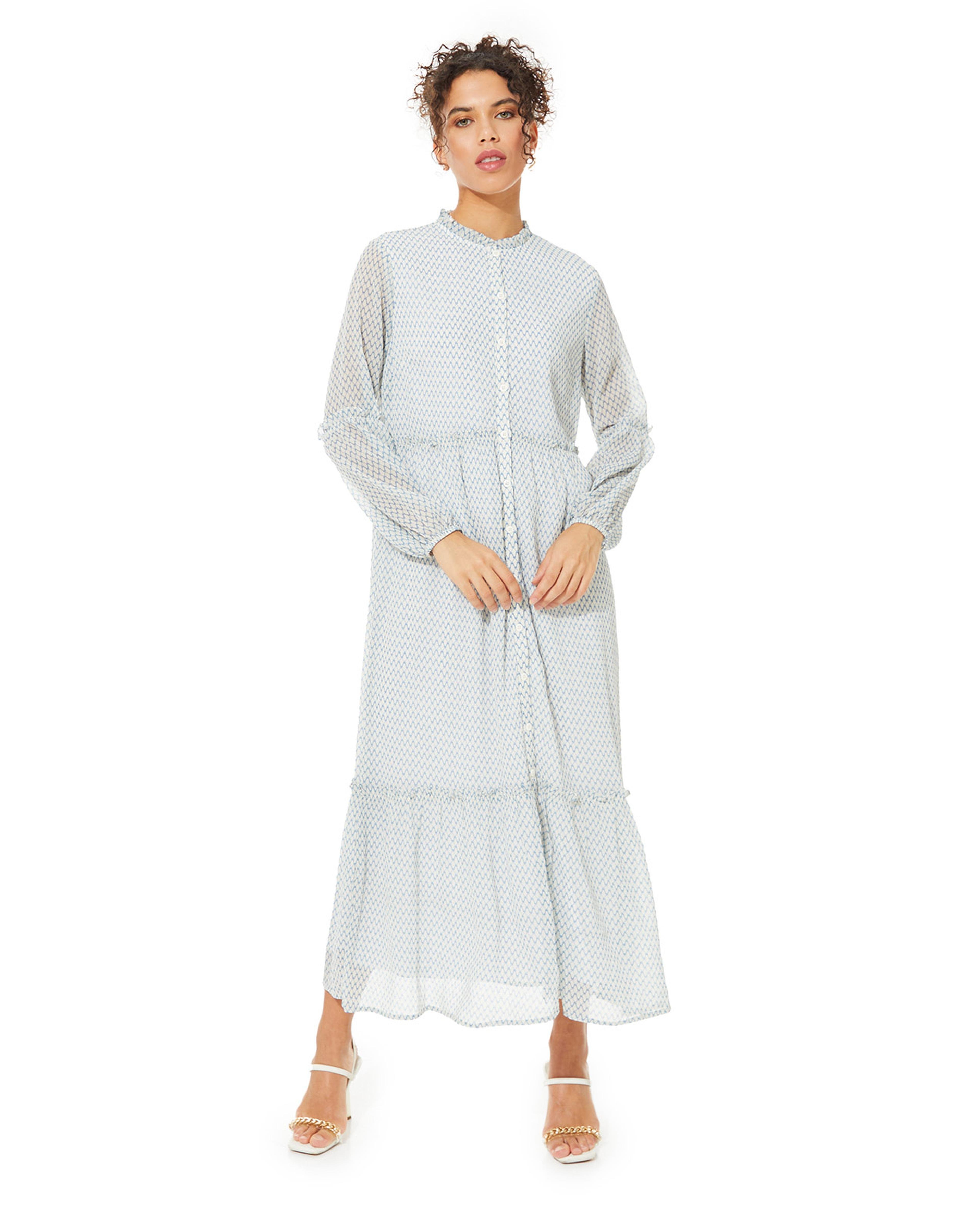 Printed Maxi Dress with Crew Neck and Long Sleeves