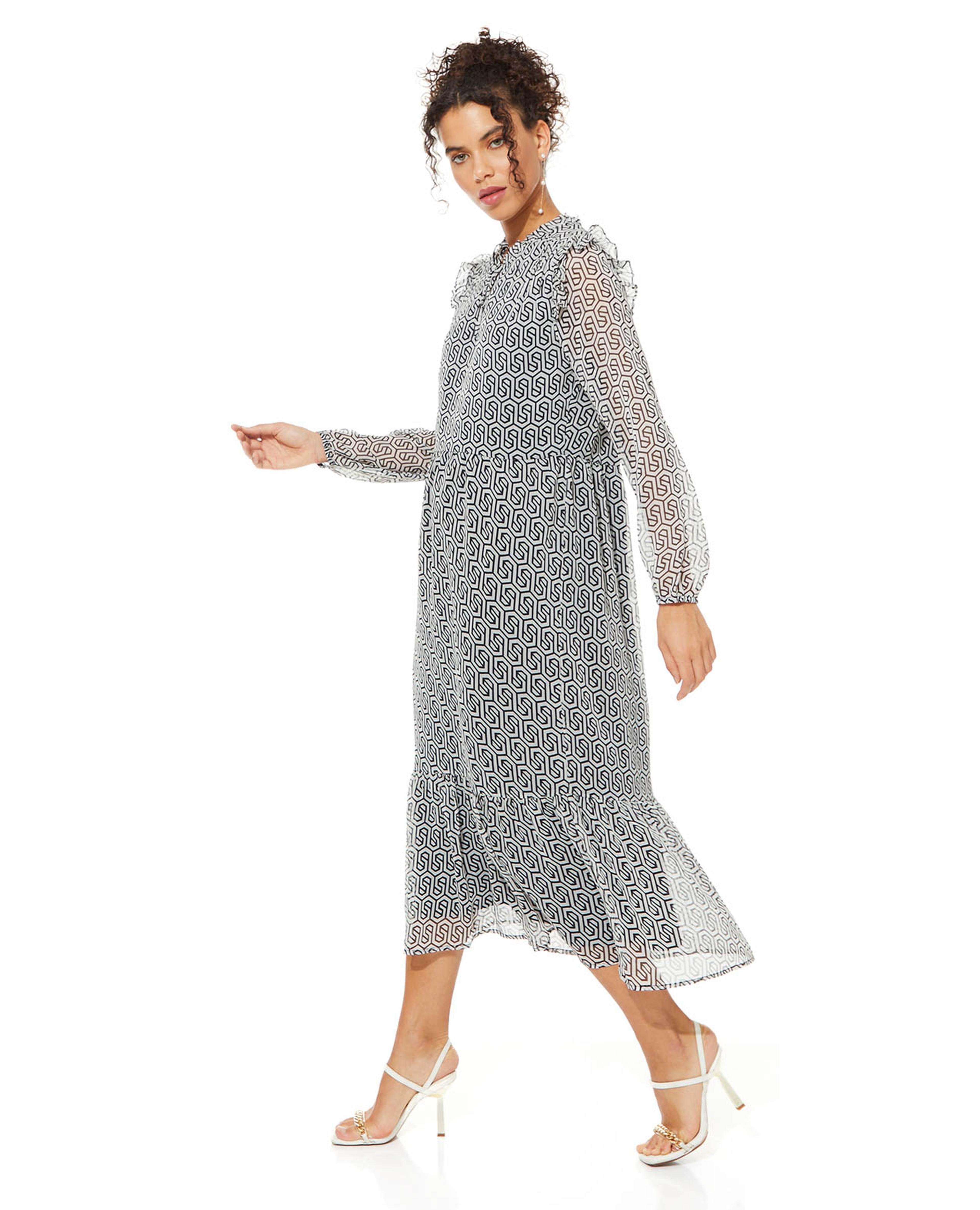 Patterned Midi Dress with Keyhole Neck and Long Sleeves