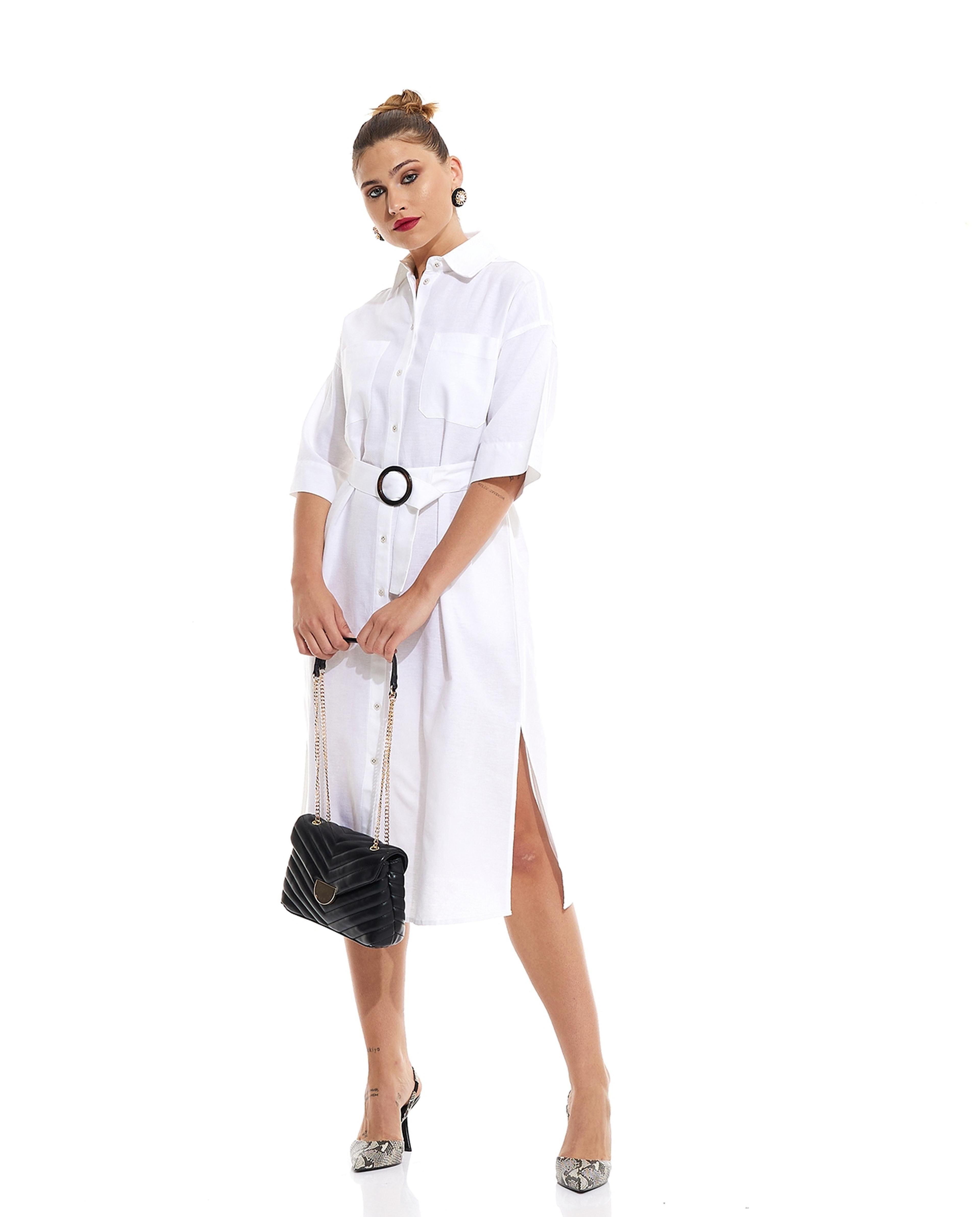 Solid Shirt Dress with Collared Neck and 3/4 Sleeves