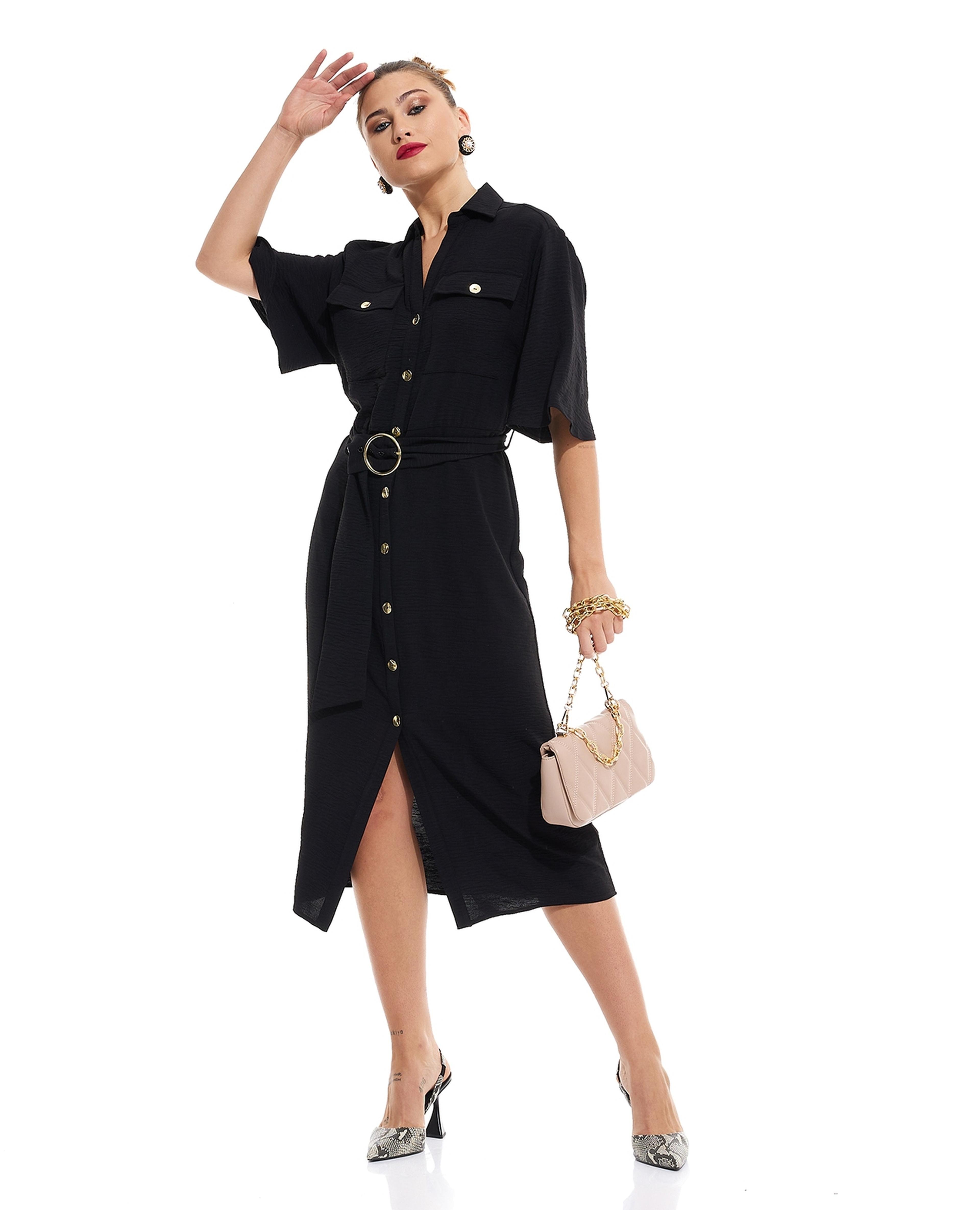 Solid Shirt Dress with Collared Neck and 3/4 Sleeves