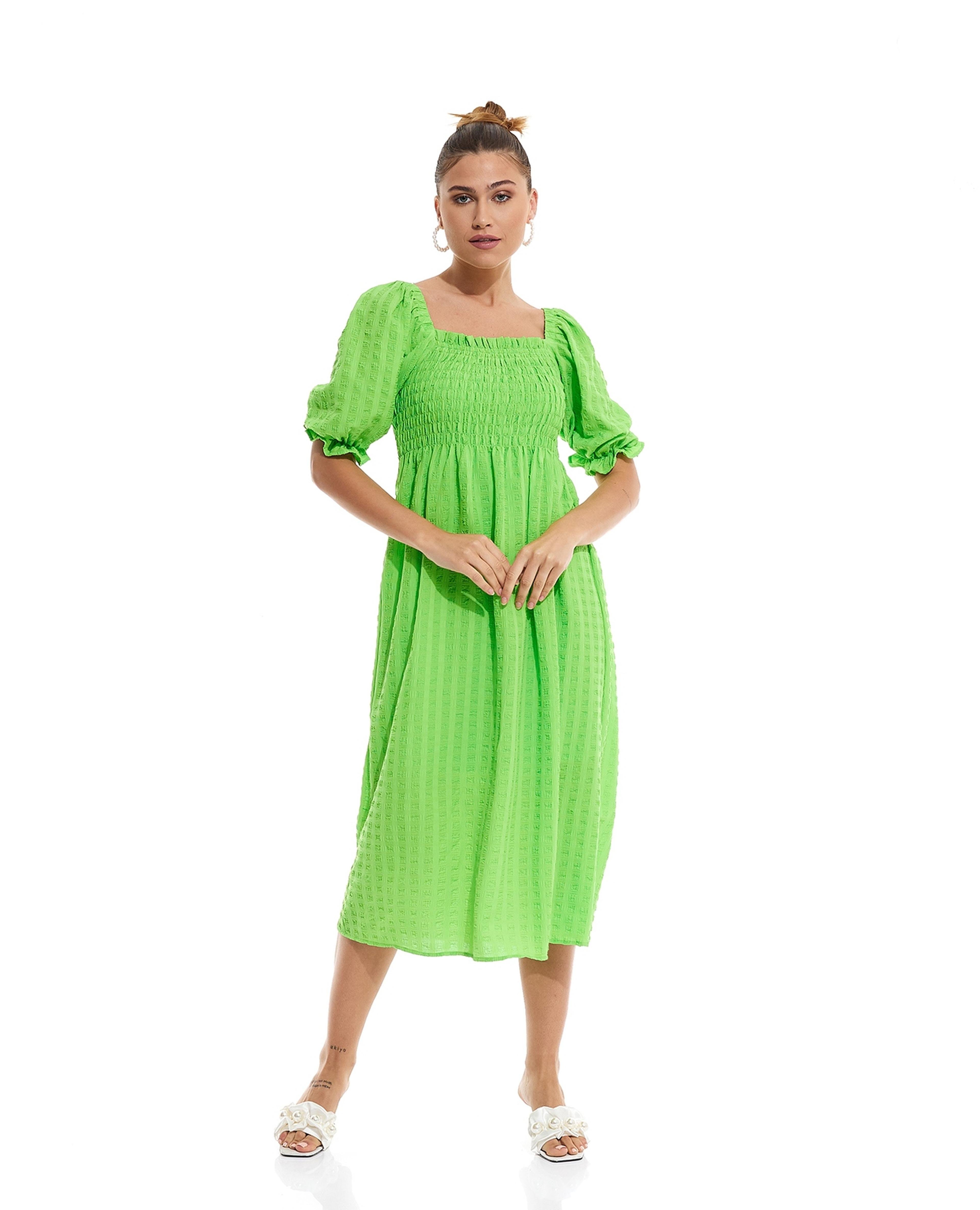 Woven Midi Dress with Square Neck and Puff Sleeves