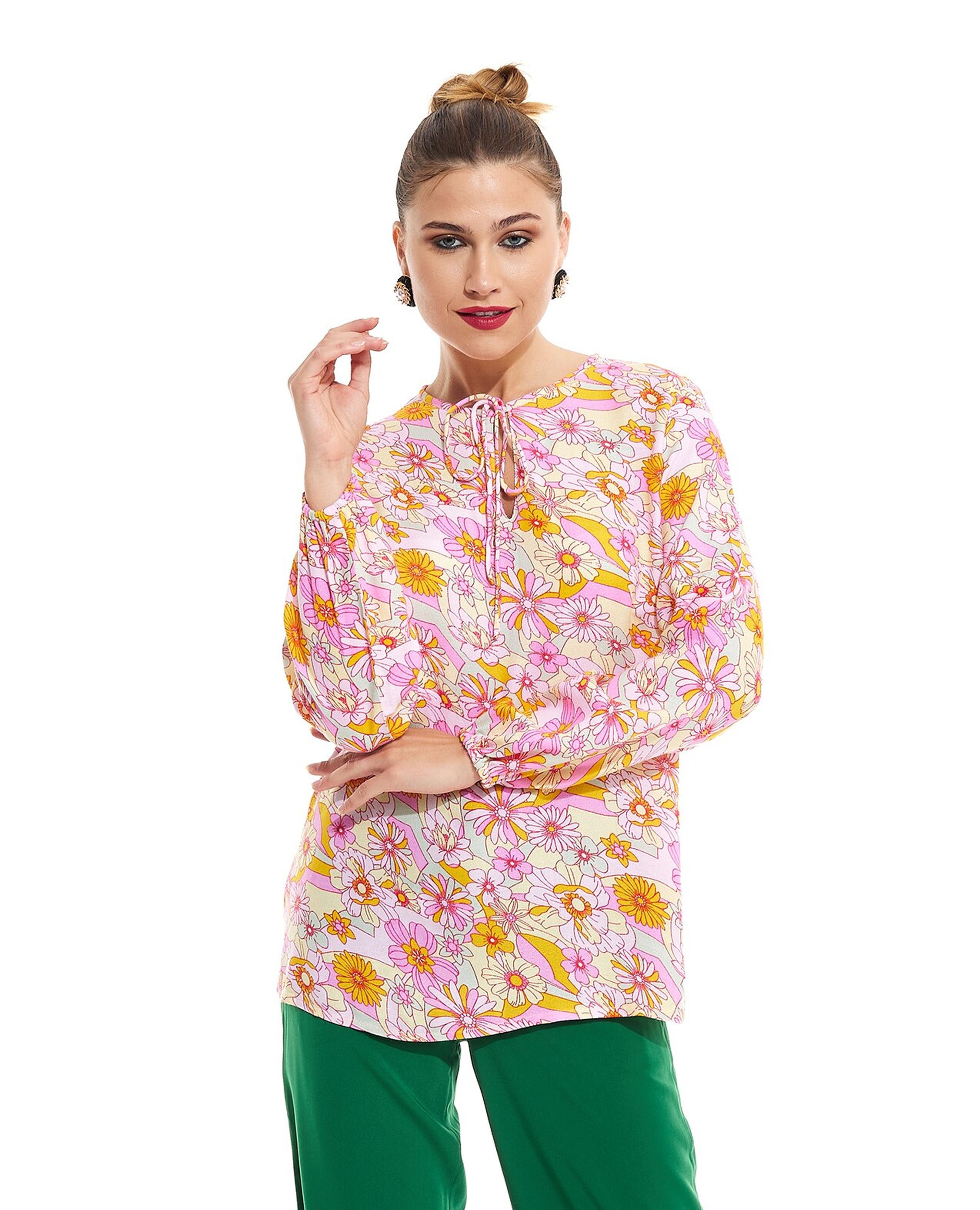 Floral Print Top with Tie-Up Neck and Long Sleeves
