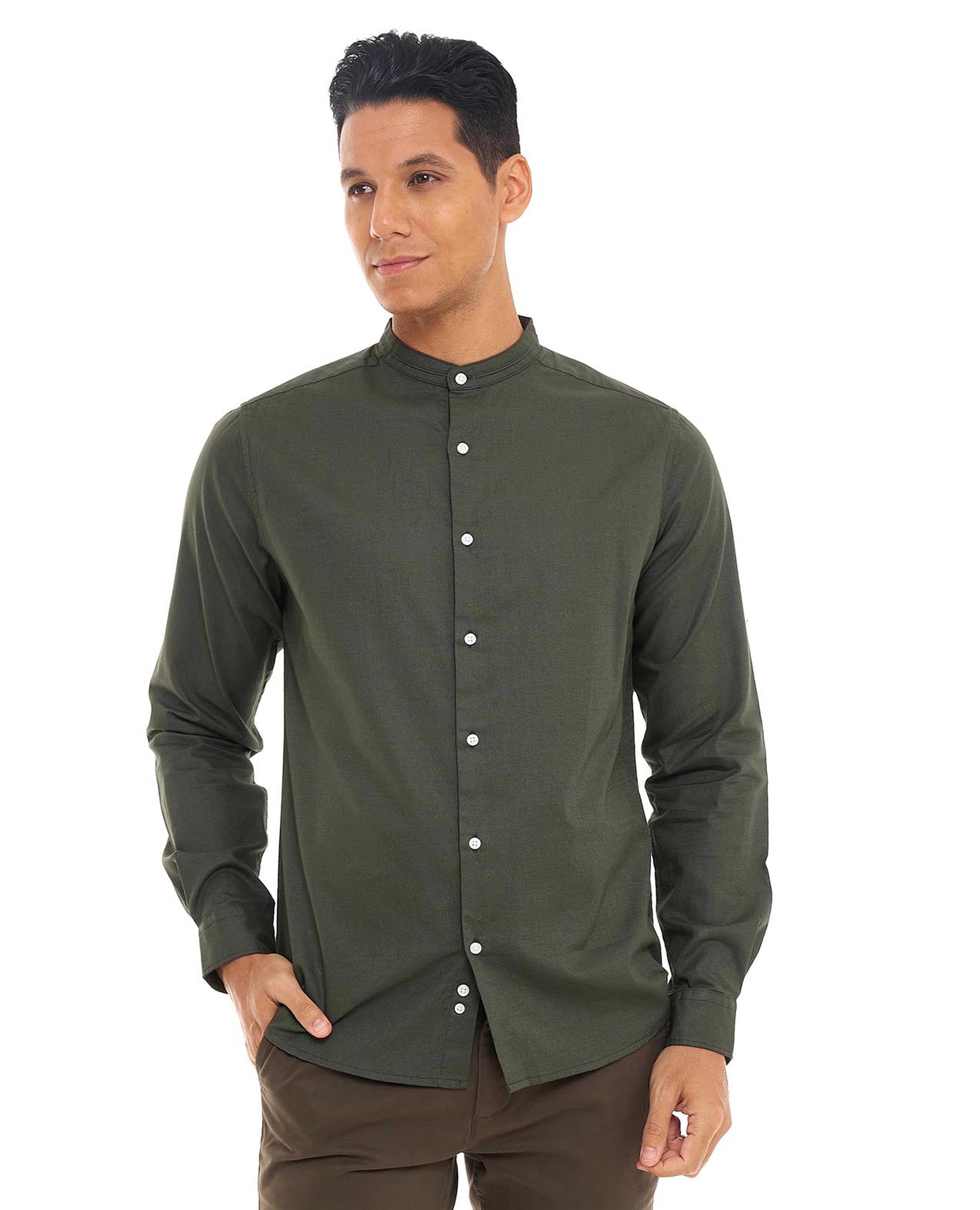 Solid Shirt with Stand Collar and Long Sleeves