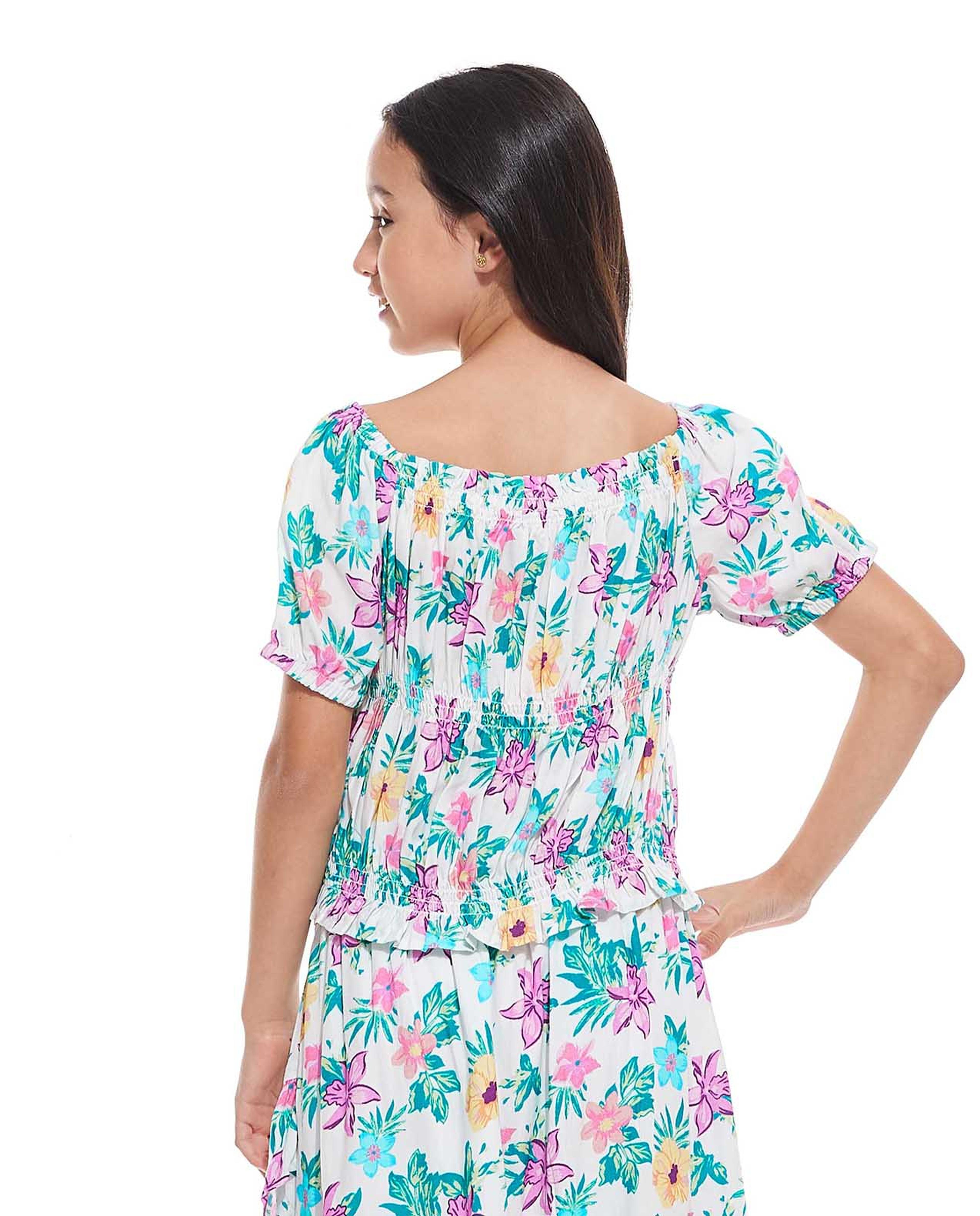 Floral Print Top with Round Neck and Short Sleeves