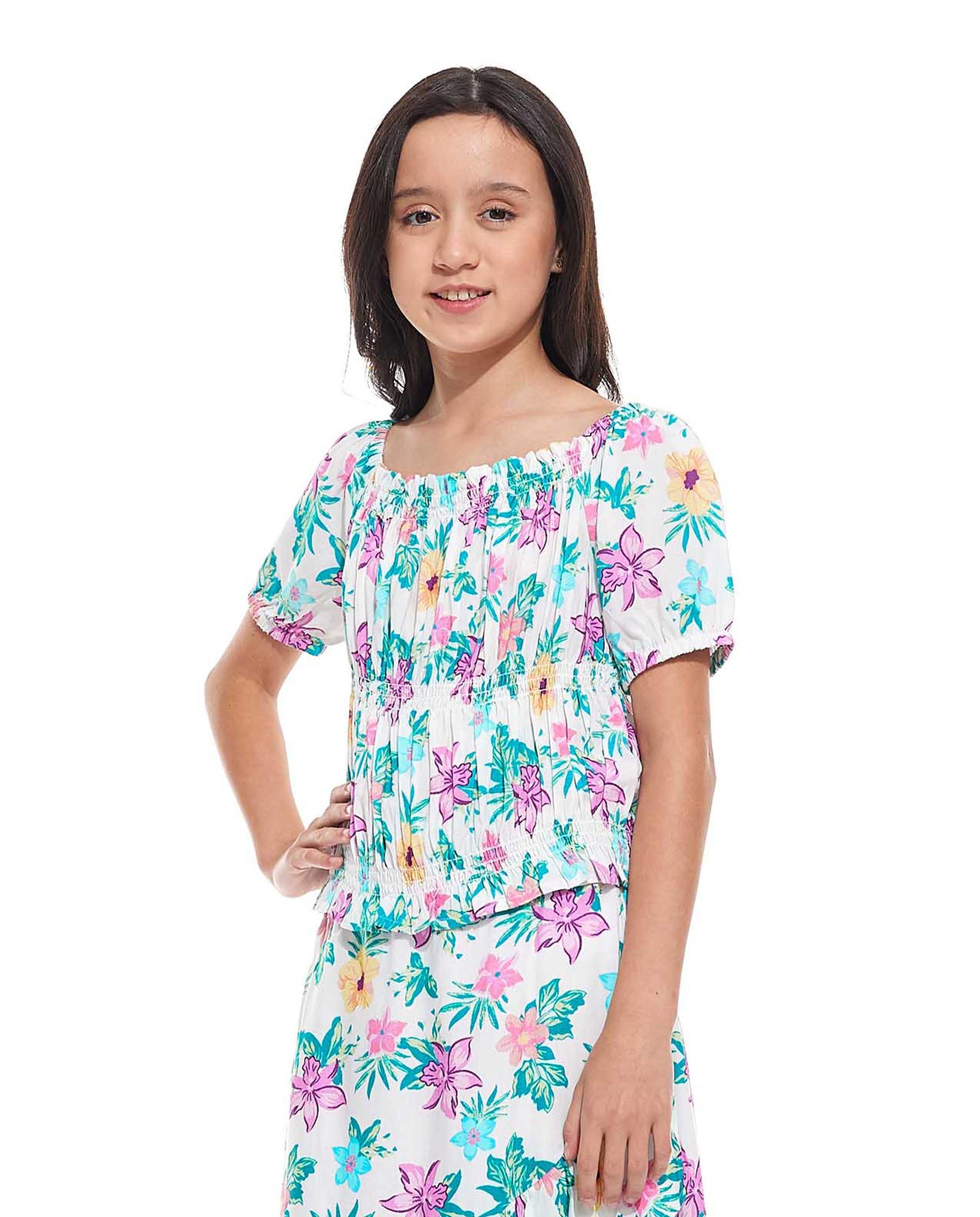 Floral Print Top with Round Neck and Short Sleeves