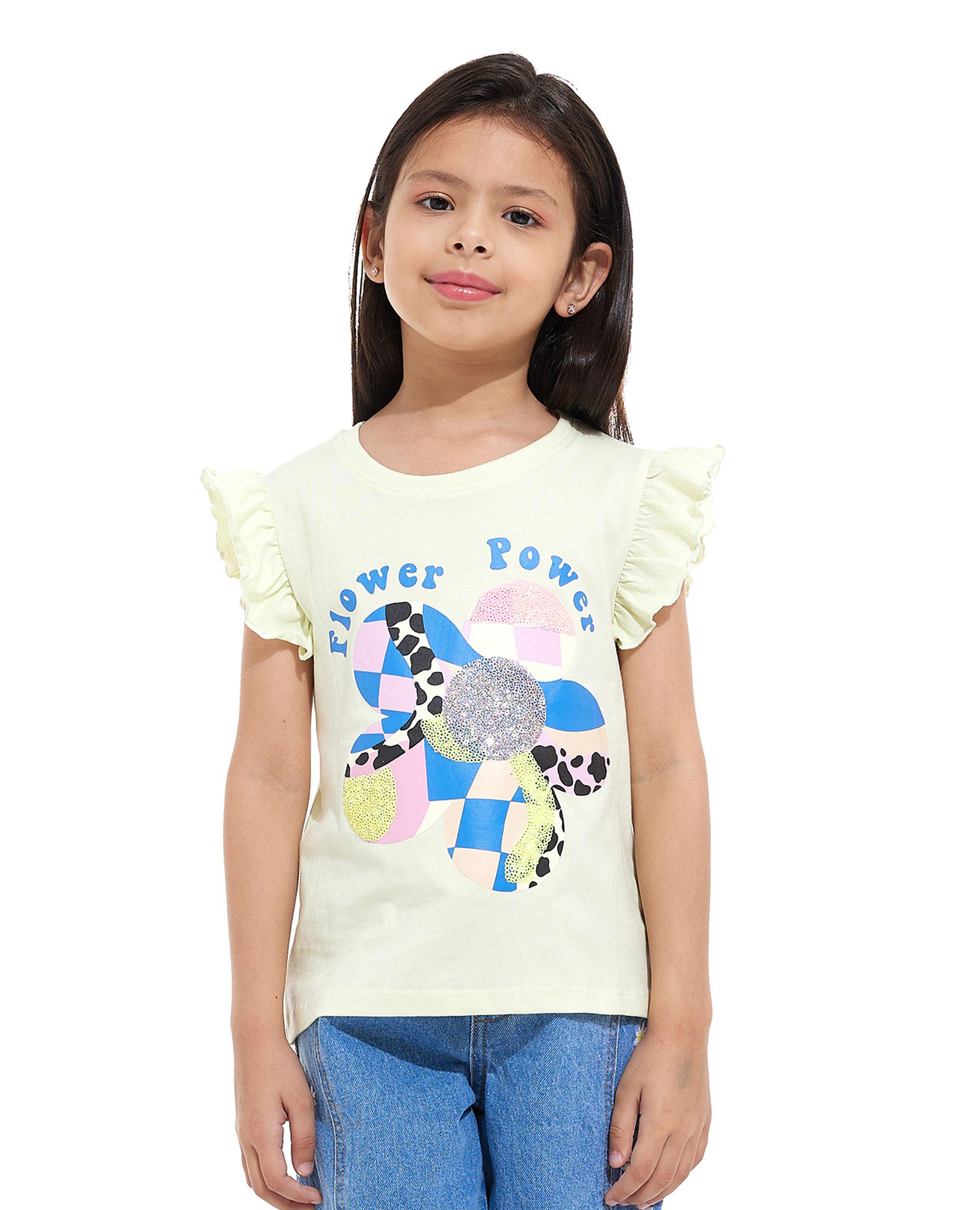 Graphic Print T-Shirt with Crew Neck and Ruffle Sleeves